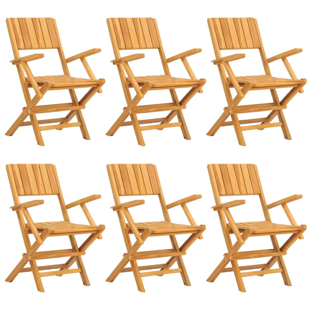 Sechs Holzklappstühle mit Armlehnen, alle auf weißem Hintergrund.