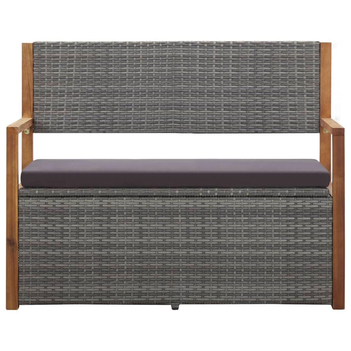 Rattanbank mit Holzrahmen und grauem Kissen. Zeigt Rückenlehne und Sitz.