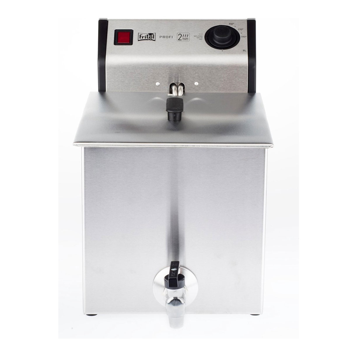 Stainless steel deep fryer with controls and a red power button.