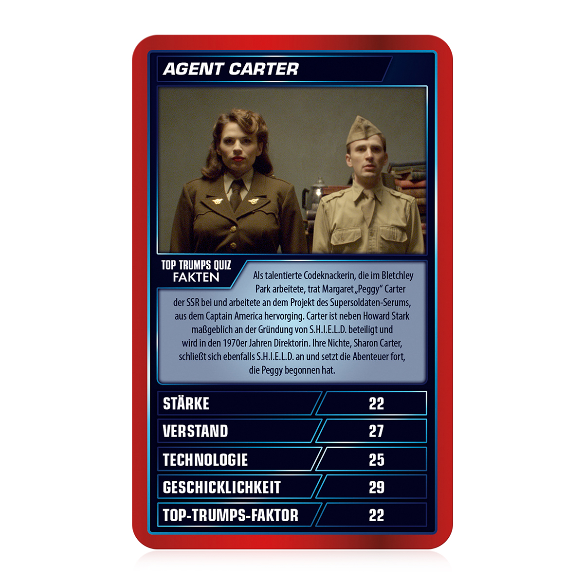 'Agent Carter' Top Trumps Karte mit Foto und Statistiken. Roter Hintergrund.