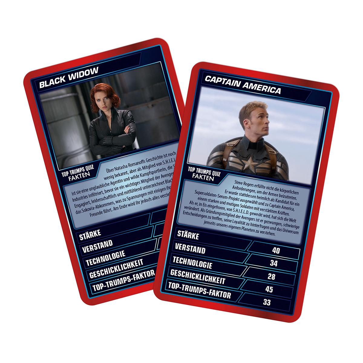 Zwei Top Trumps Karten: Black Widow und Captain America. Statistiken und Fotos sind vorhanden. Roter Hintergrund.