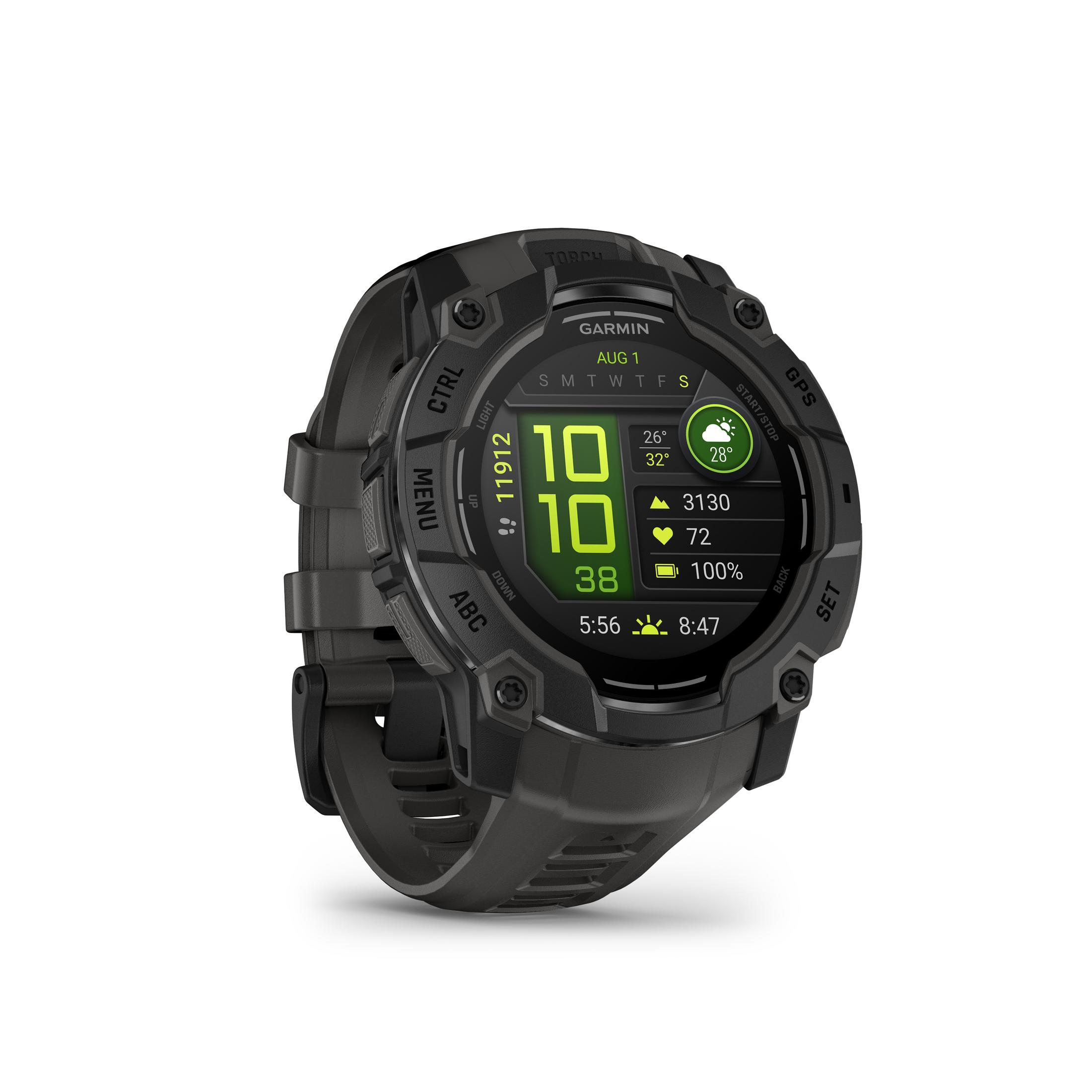 Een zwart Garmin-horloge met een scherm dat datum, tijd en gezondheidsstatistieken weergeeft. Het horloge staat op een witte achtergrond.