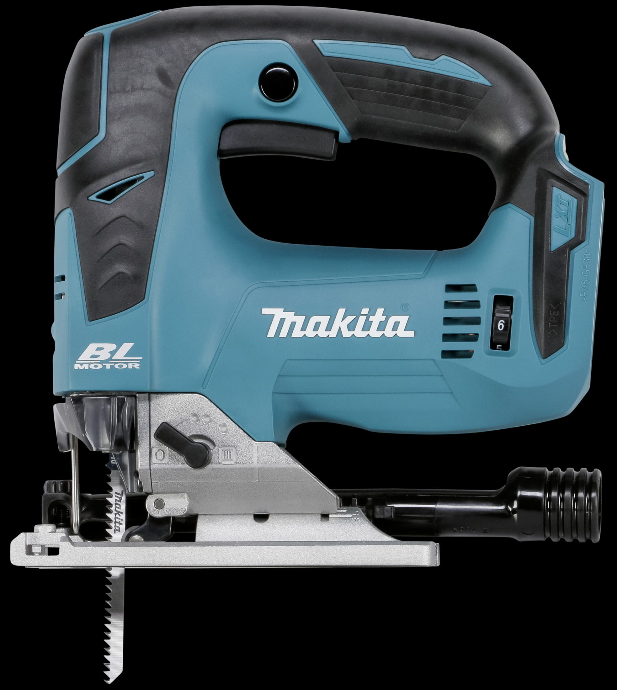 Un seghetto alternativo Makita verde acqua e nero su sfondo nero.