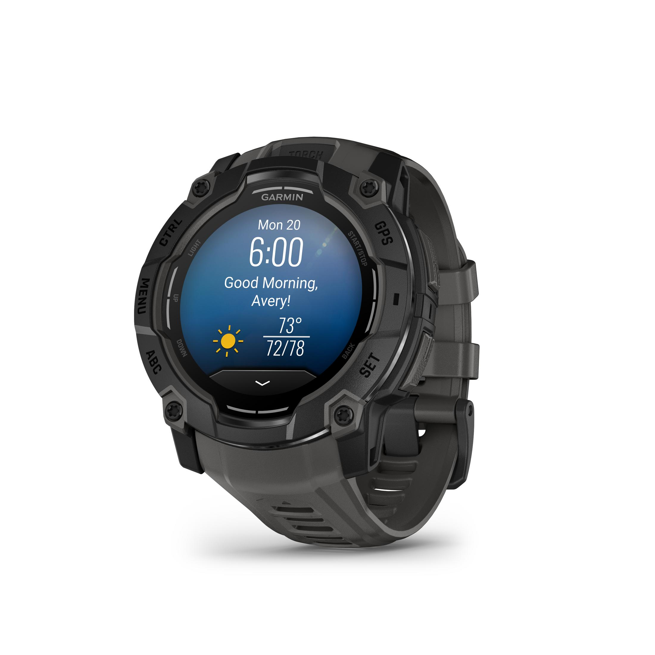 Een zwart Garmin-horloge met tijd- en weerinformatie. Het staat op een witte achtergrond.