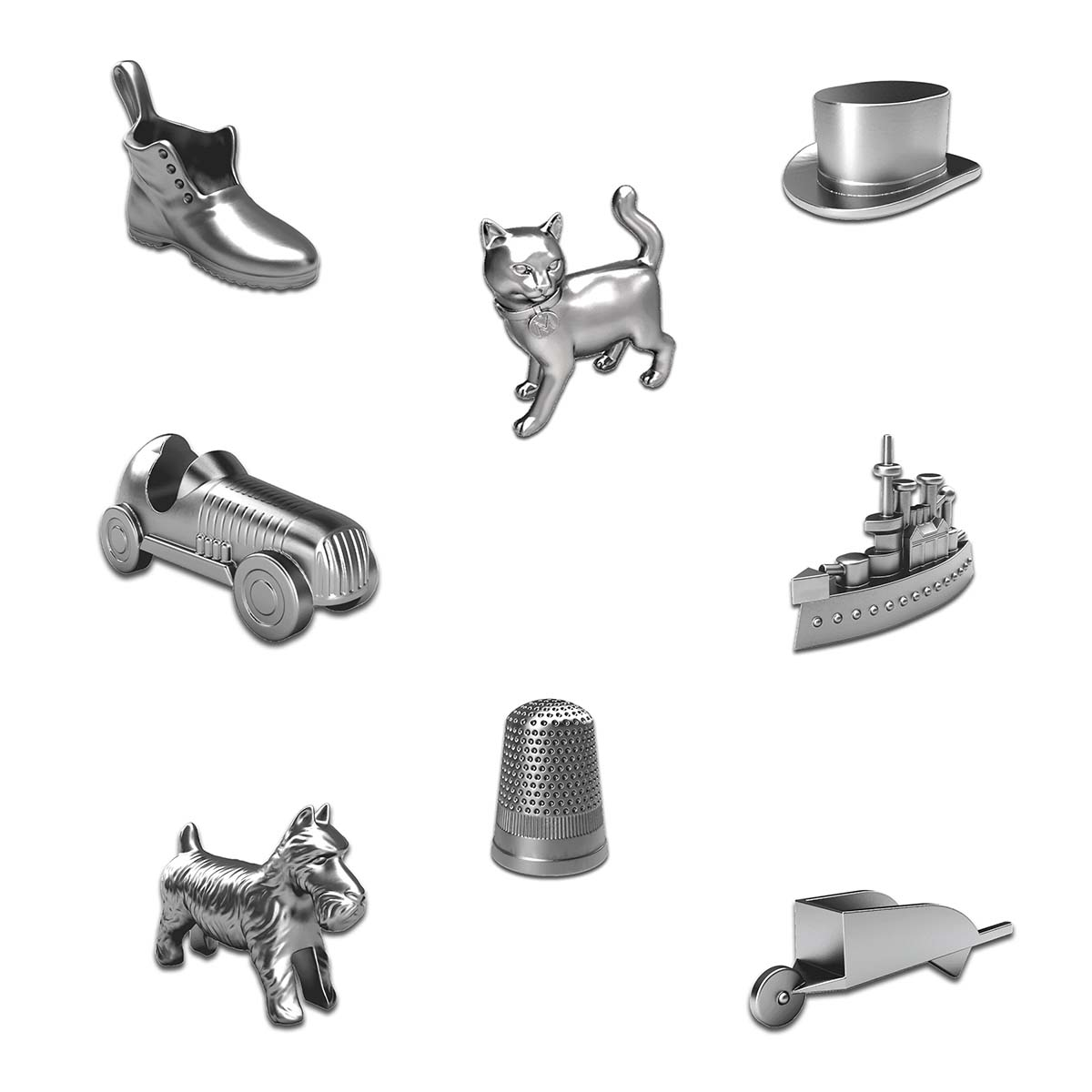 Monopoly-Spielsteine: Stiefel, Auto, Katze, Hut, Schiff, Hund, Fingerhut und Schubkarre.