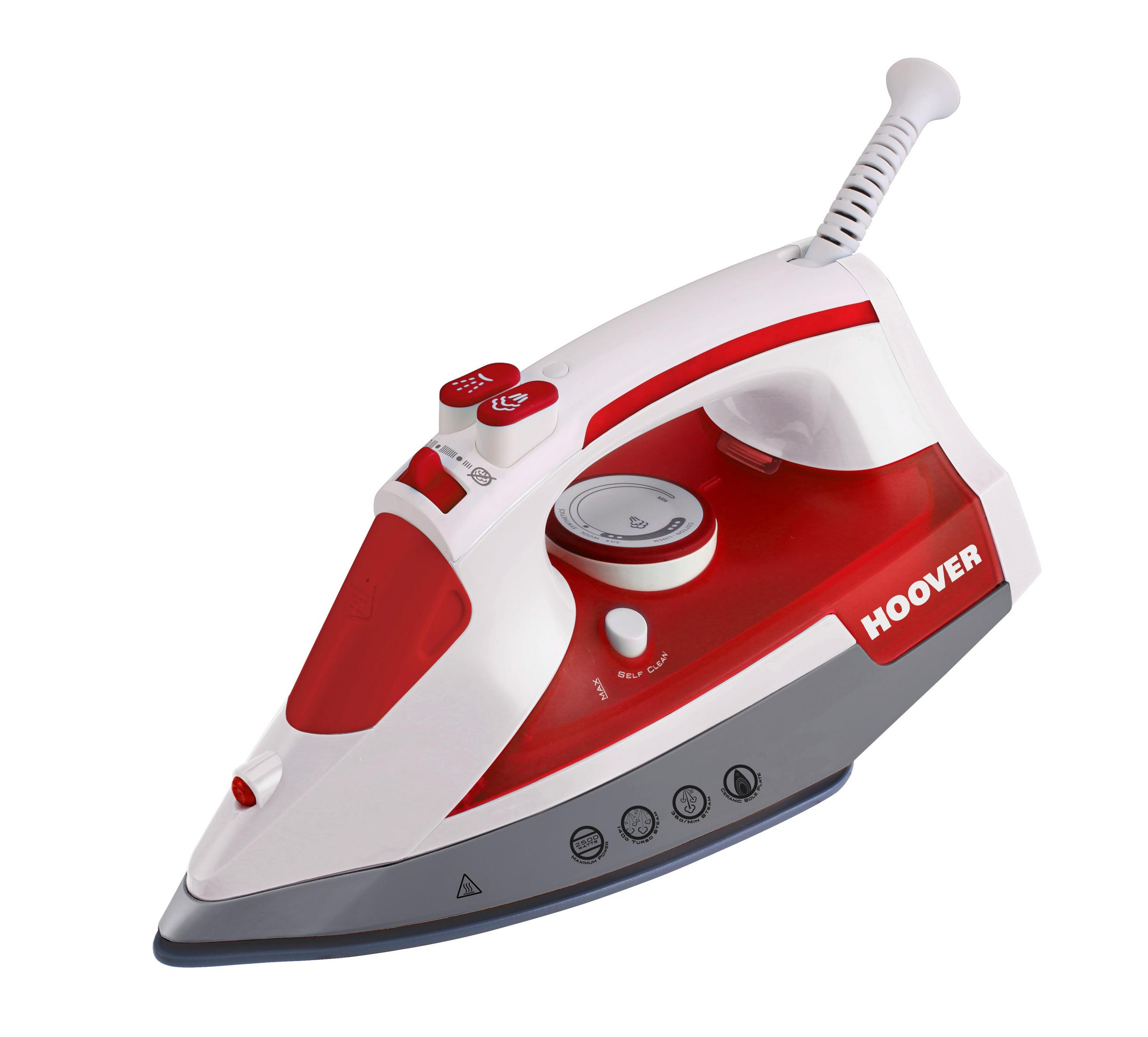 Weißes und rotes HOOVER-Bügeleisen mit Knöpfen und einem Kabel.
