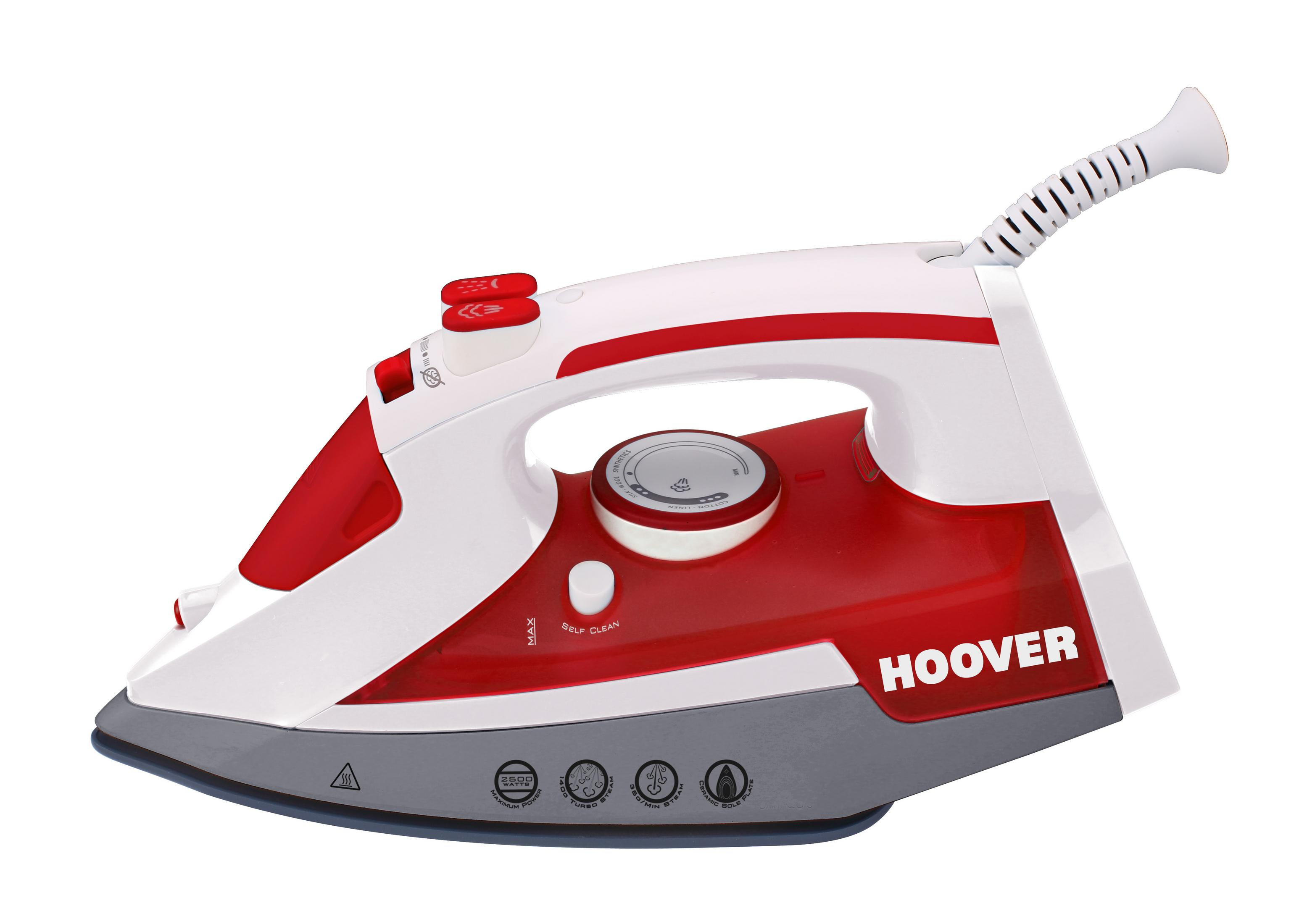 Ein rotes und weißes Hoover-Bügeleisen. Das Bügeleisen steht auf weißem Hintergrund.