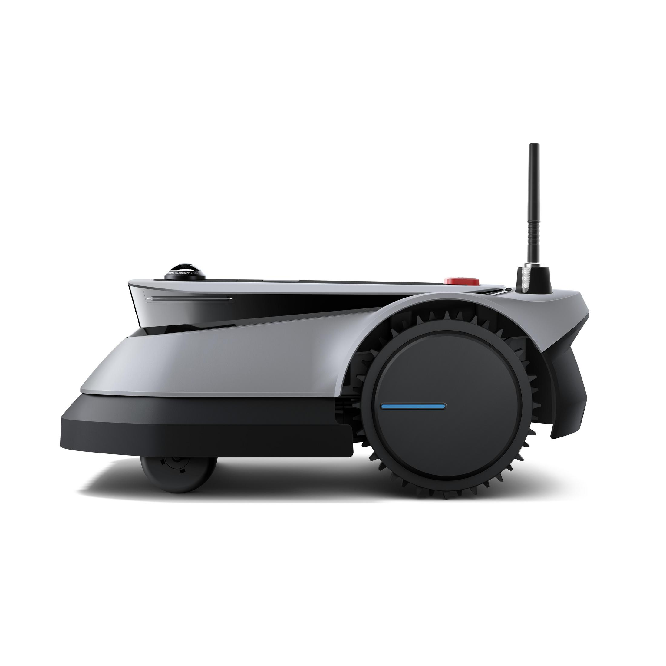 Ein grauer und schwarzer Roboter-Rasenmäher, Seitenansicht, mit Antenne.