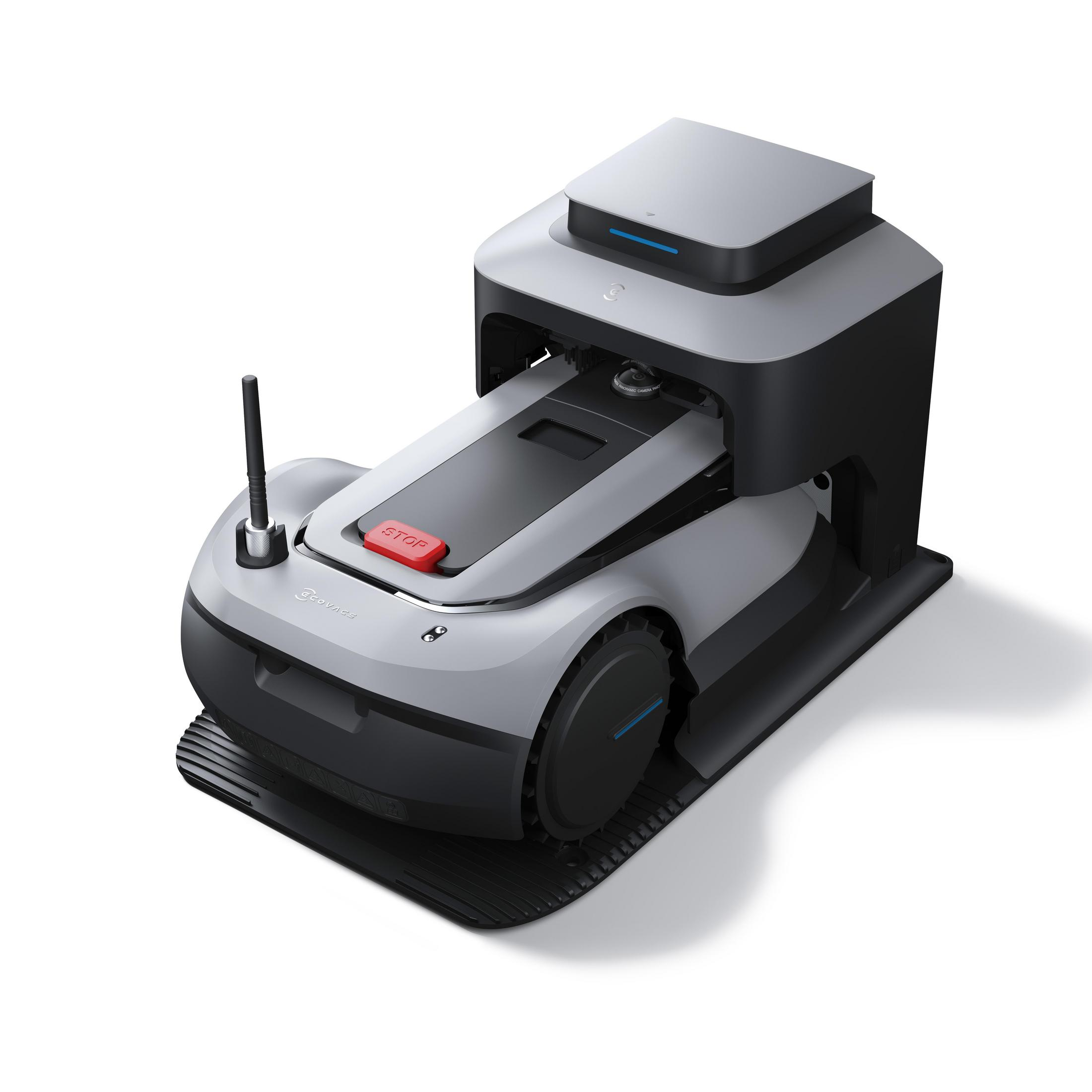 Ein Roboter-Rasenmäher, grau und schwarz mit roter Stopptaste, auf weißem Hintergrund.