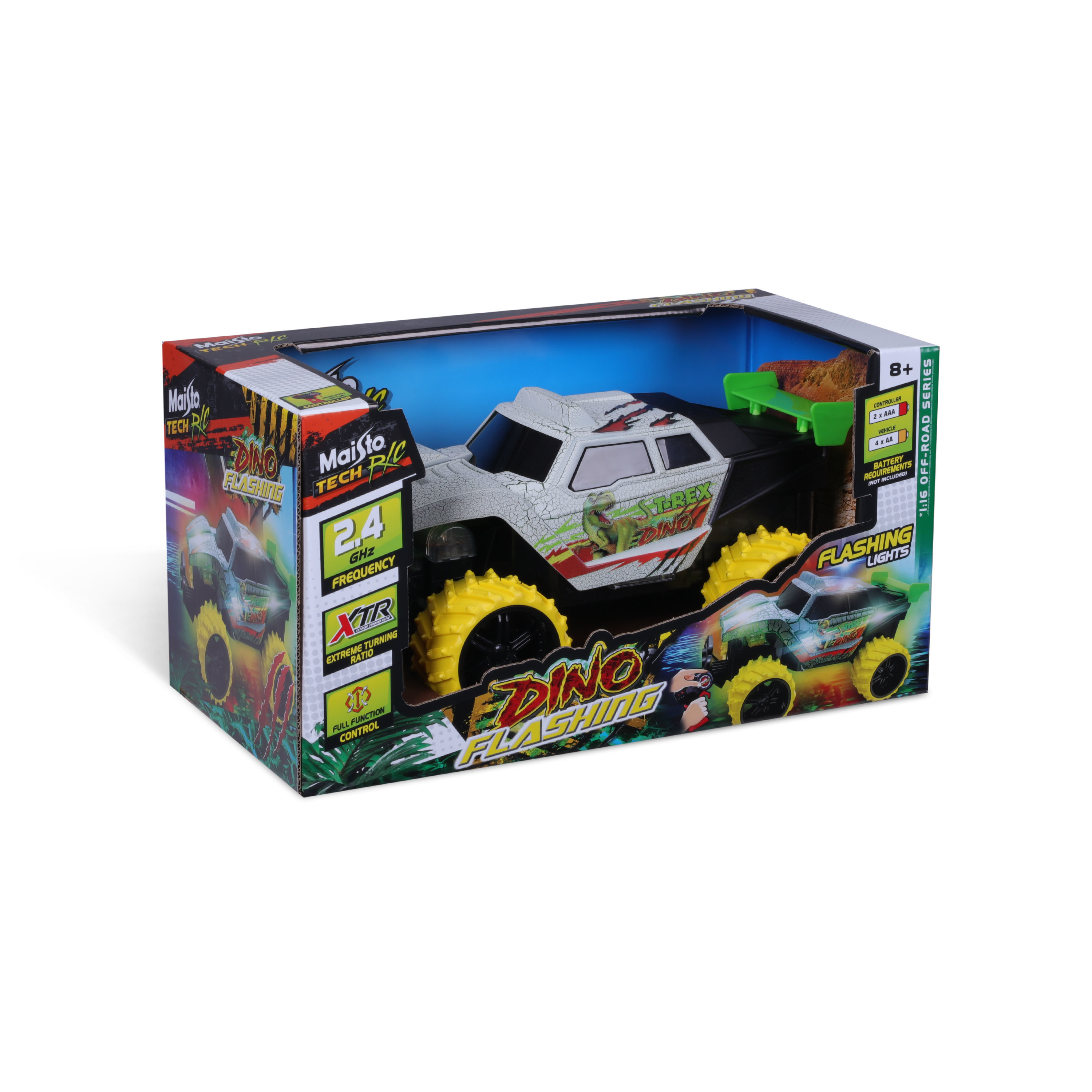 Ein Spielzeugauto in einer Box. Das Spielzeugauto ist weiß und schwarz mit gelben Rädern.