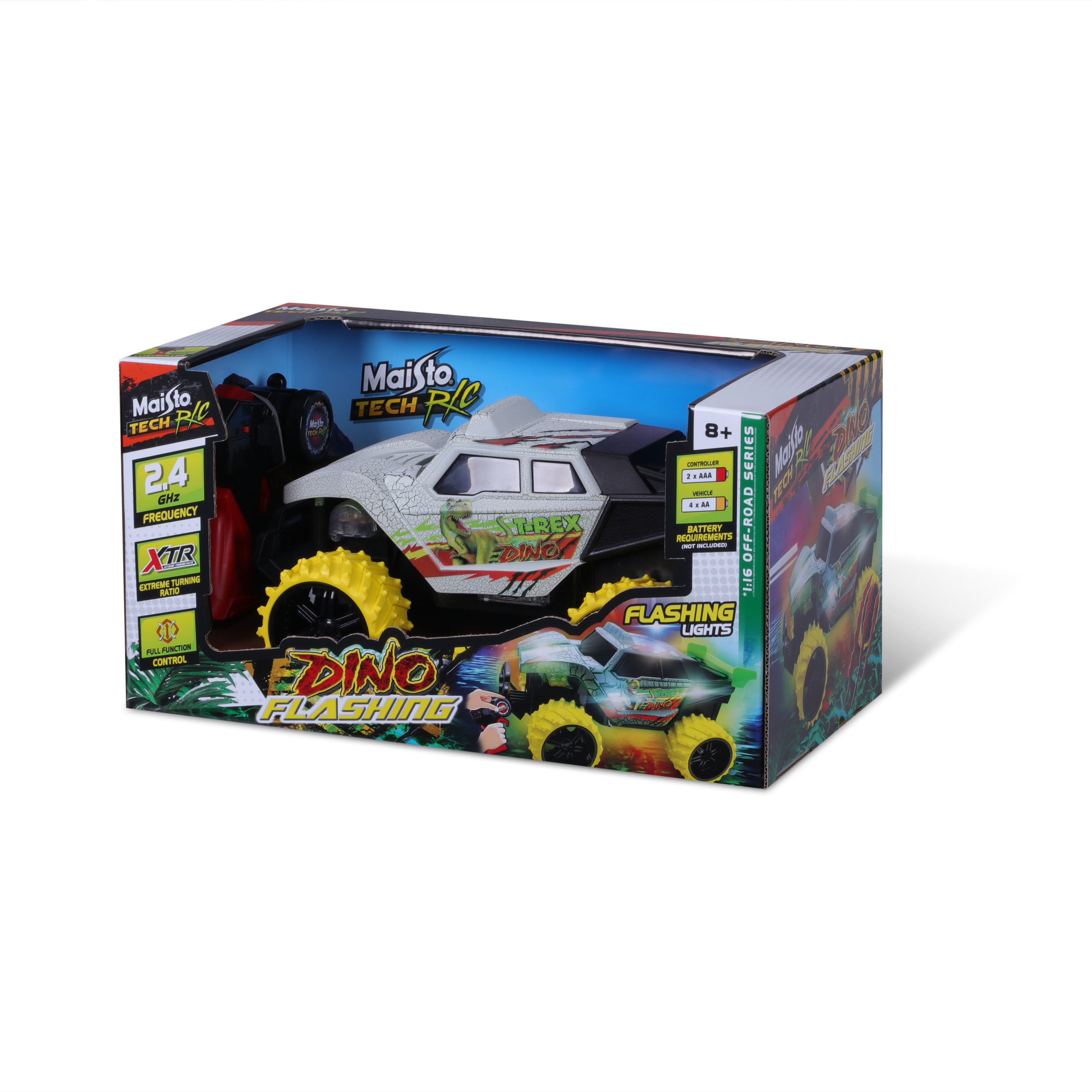 Spielzeugauto in einer Box, weiß und schwarz mit gelben Rädern, und die Verpackung mit Text.
