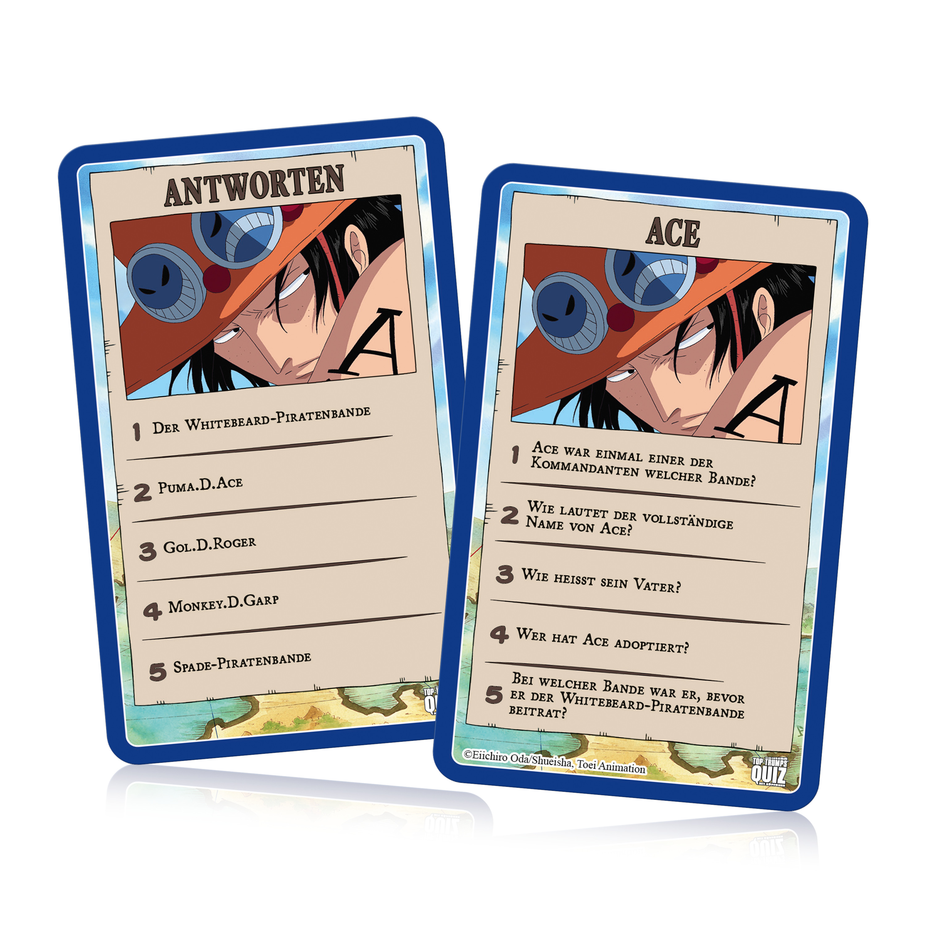 Zwei One Piece-Sammelkarten. Eine Karte hat Text. Die andere hat eine Figur namens Ace.