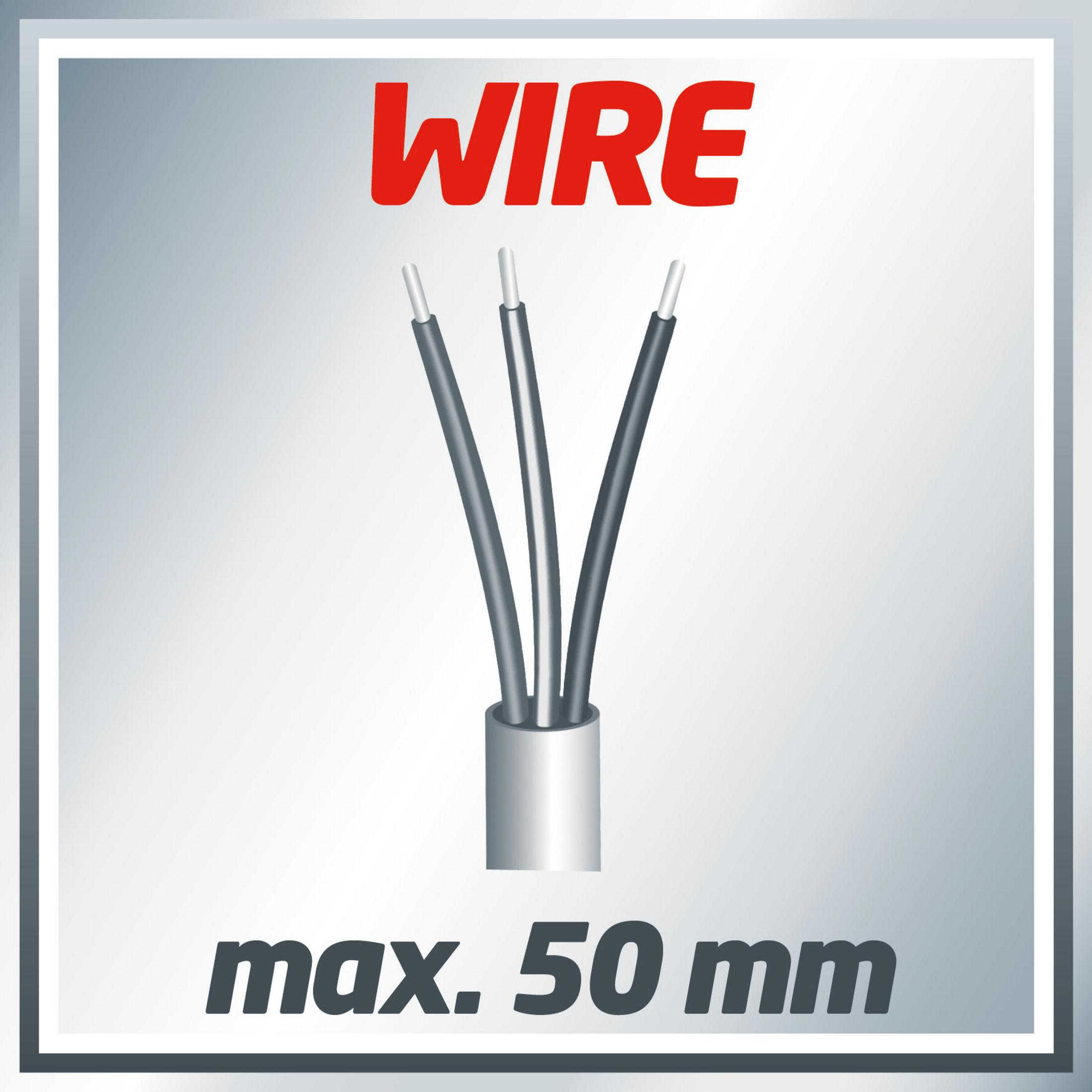 Drei Drähte, grau. Das Wort WIRE steht oben. Der Text max. 50 mm steht darunter.