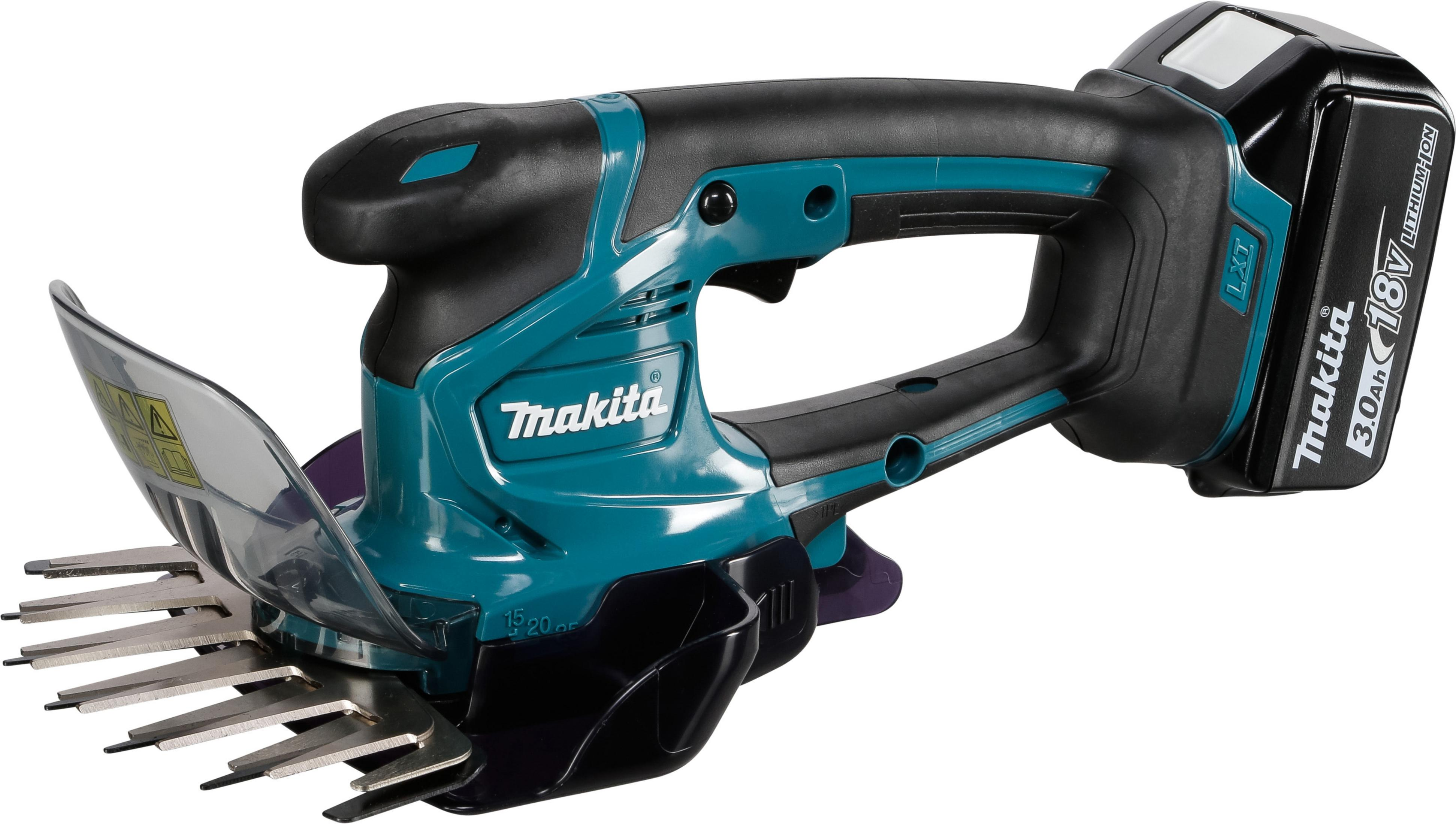 Türkis-schwarzer Makita Heckenschneider. Silberne Klingen und schwarzer Akku.