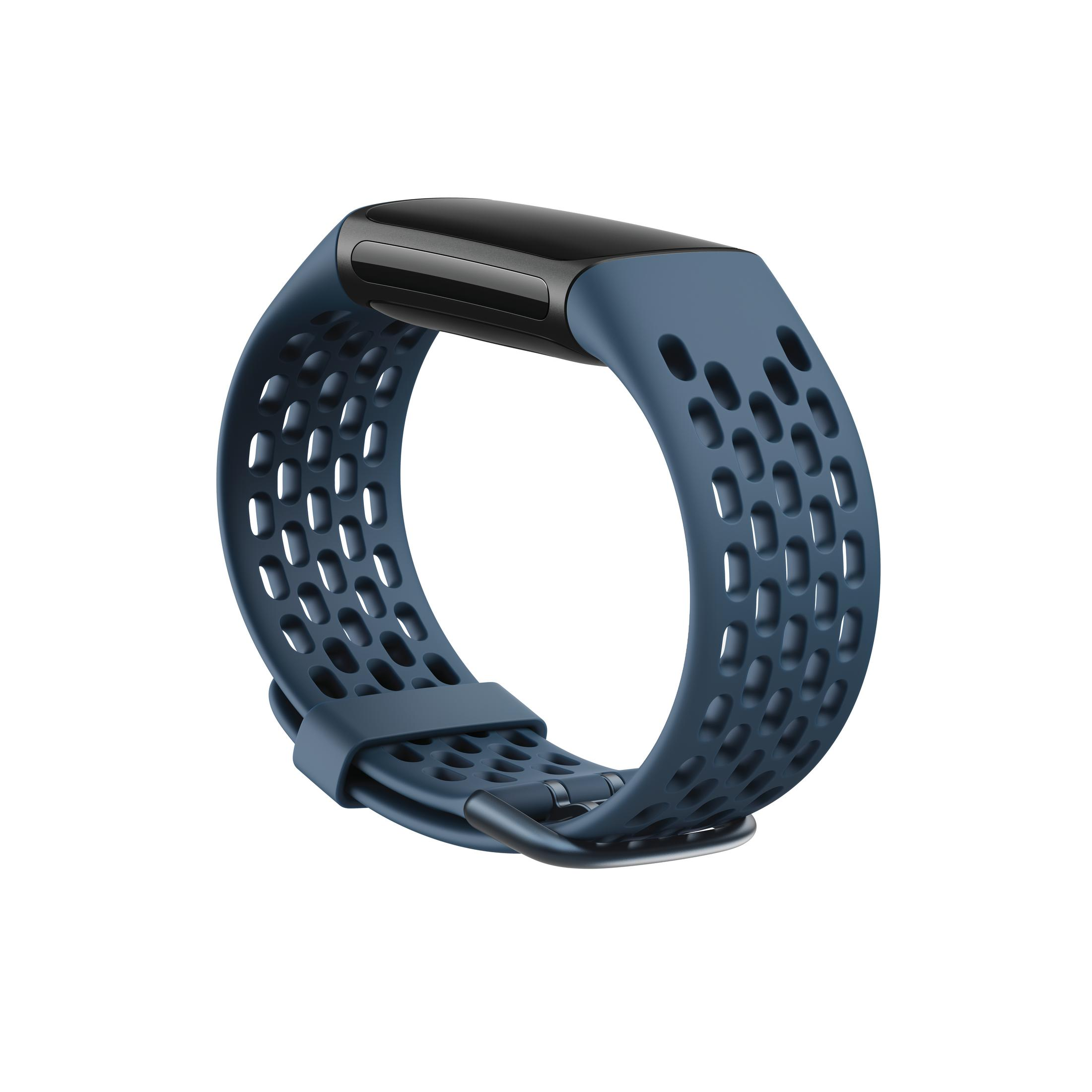 Blaues Fitnessband-Armband mit perforiertem Design und sicherer Schnalle, für eine Smartwatch.