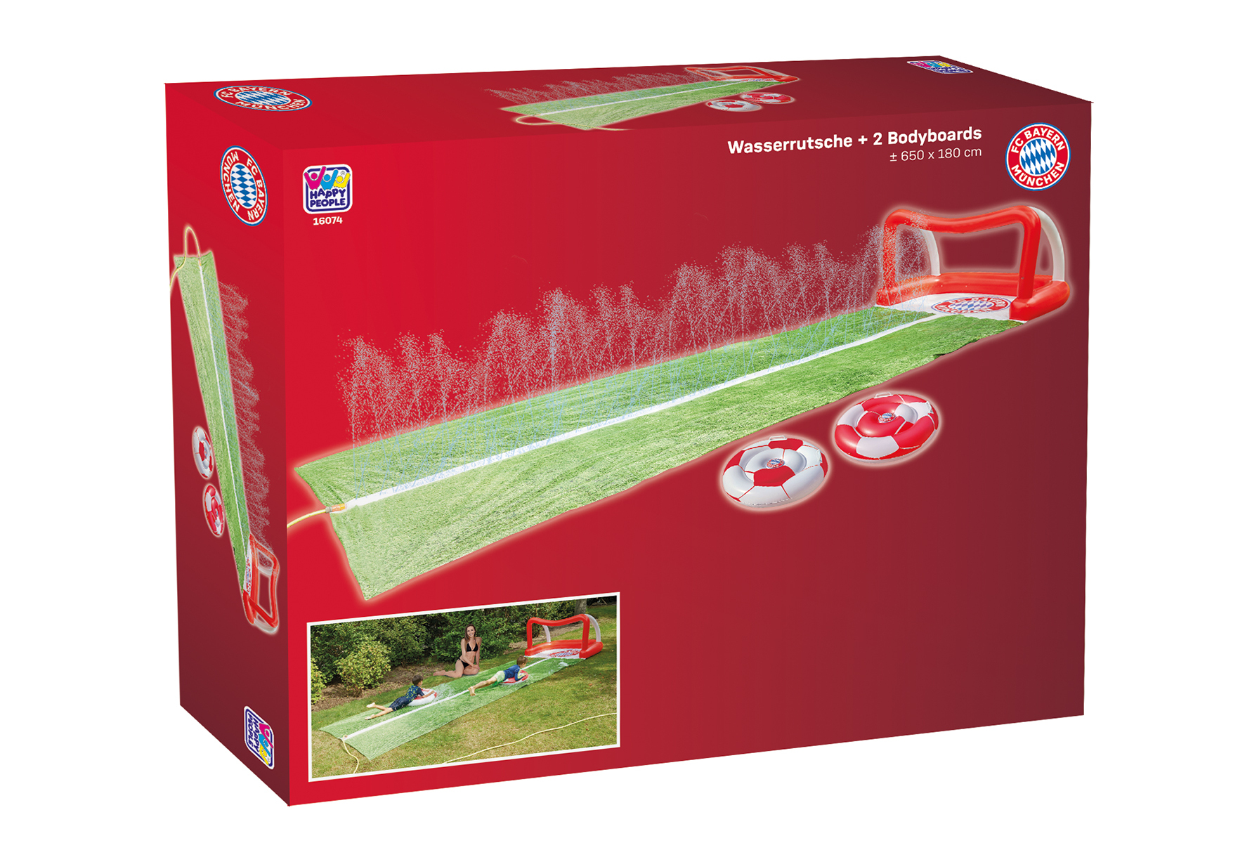 Box mit Wasserrutsche, Fussballtoren und zwei Bodyboards. Rote und grüne Farben.