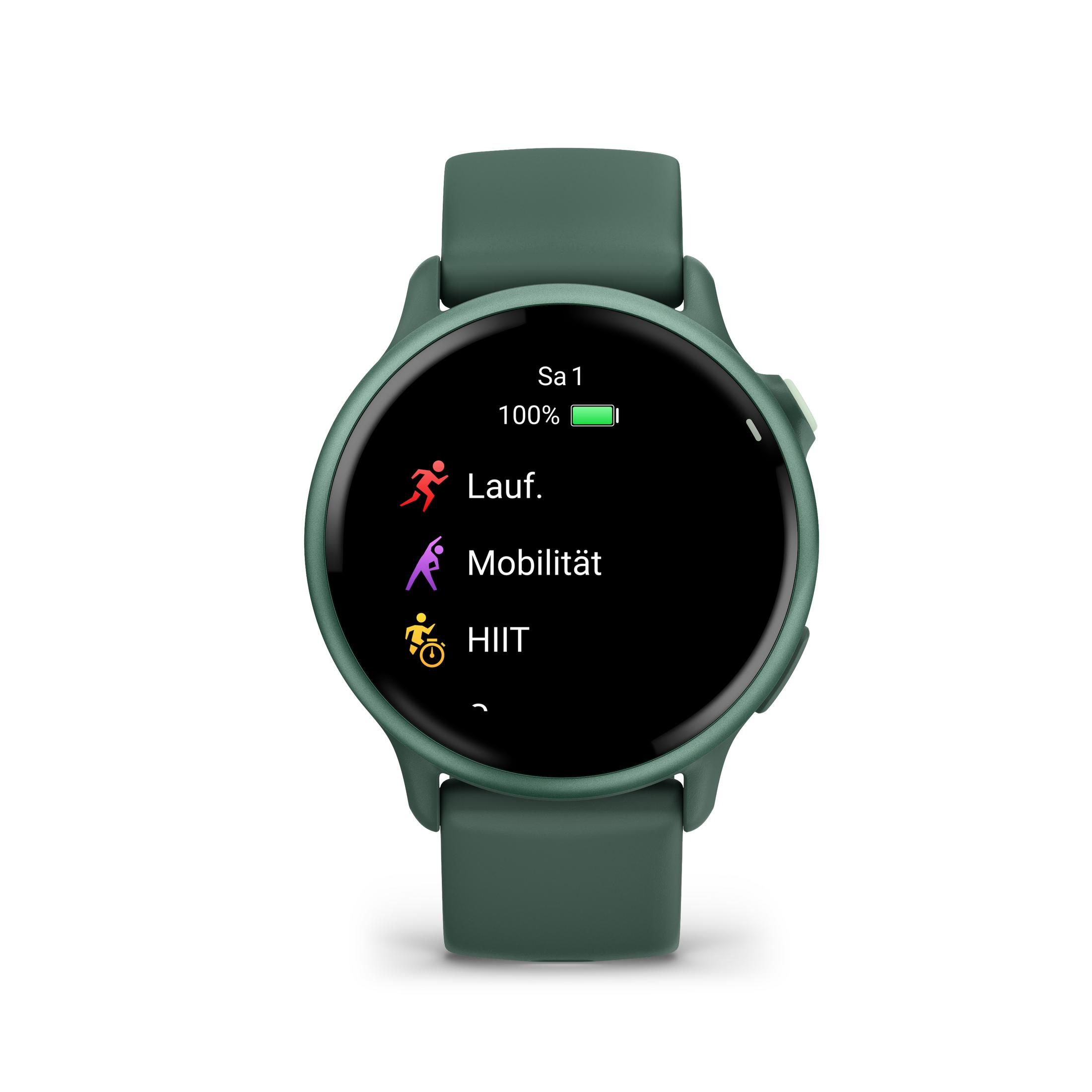 Grüne Smartwatch mit drei Trainingsoptionen: Laufen, Mobilität und HIIT, auf weißem Hintergrund.