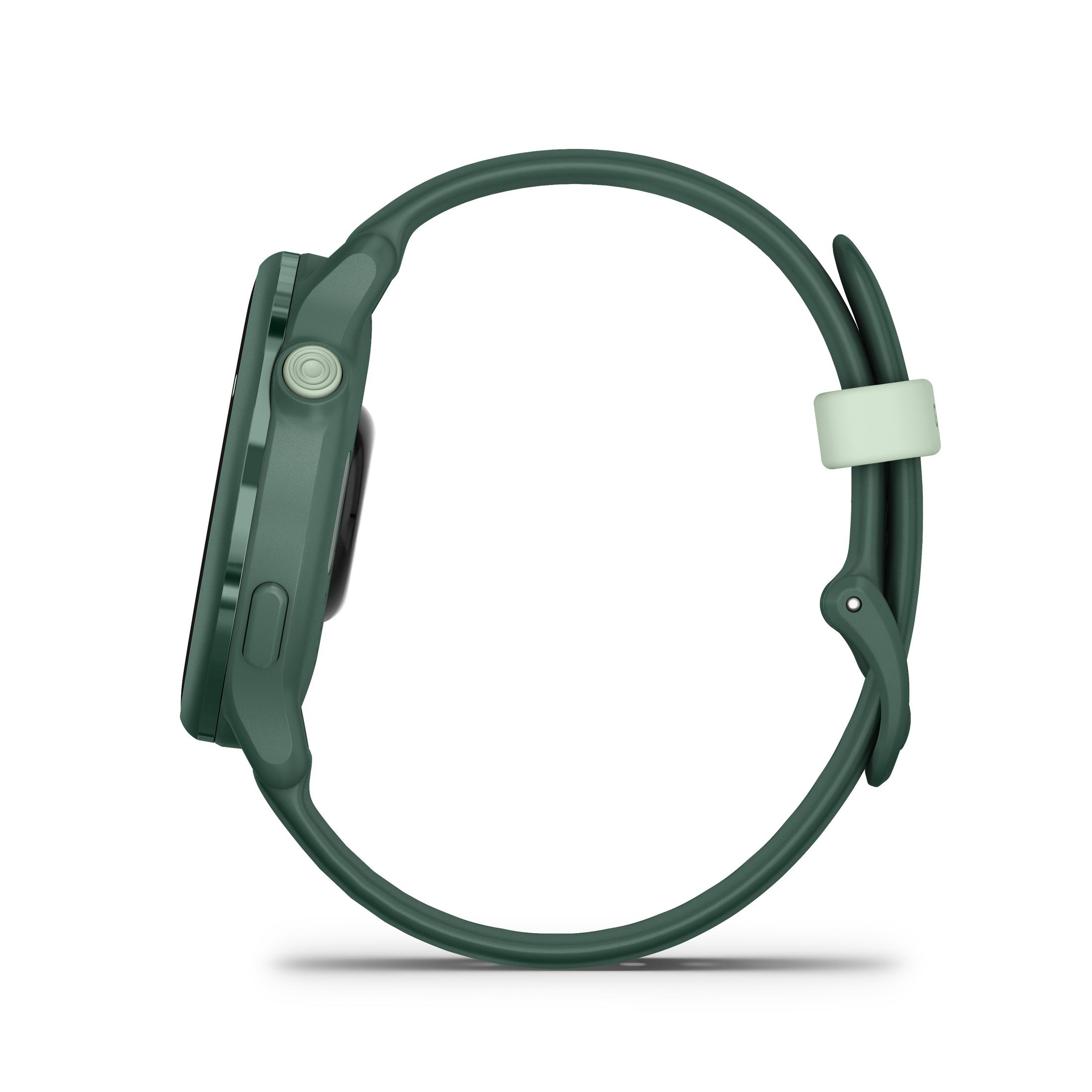 Grüne Smartwatch, Seitenansicht, auf weißem Hintergrund, mit hellgrünem Armband.