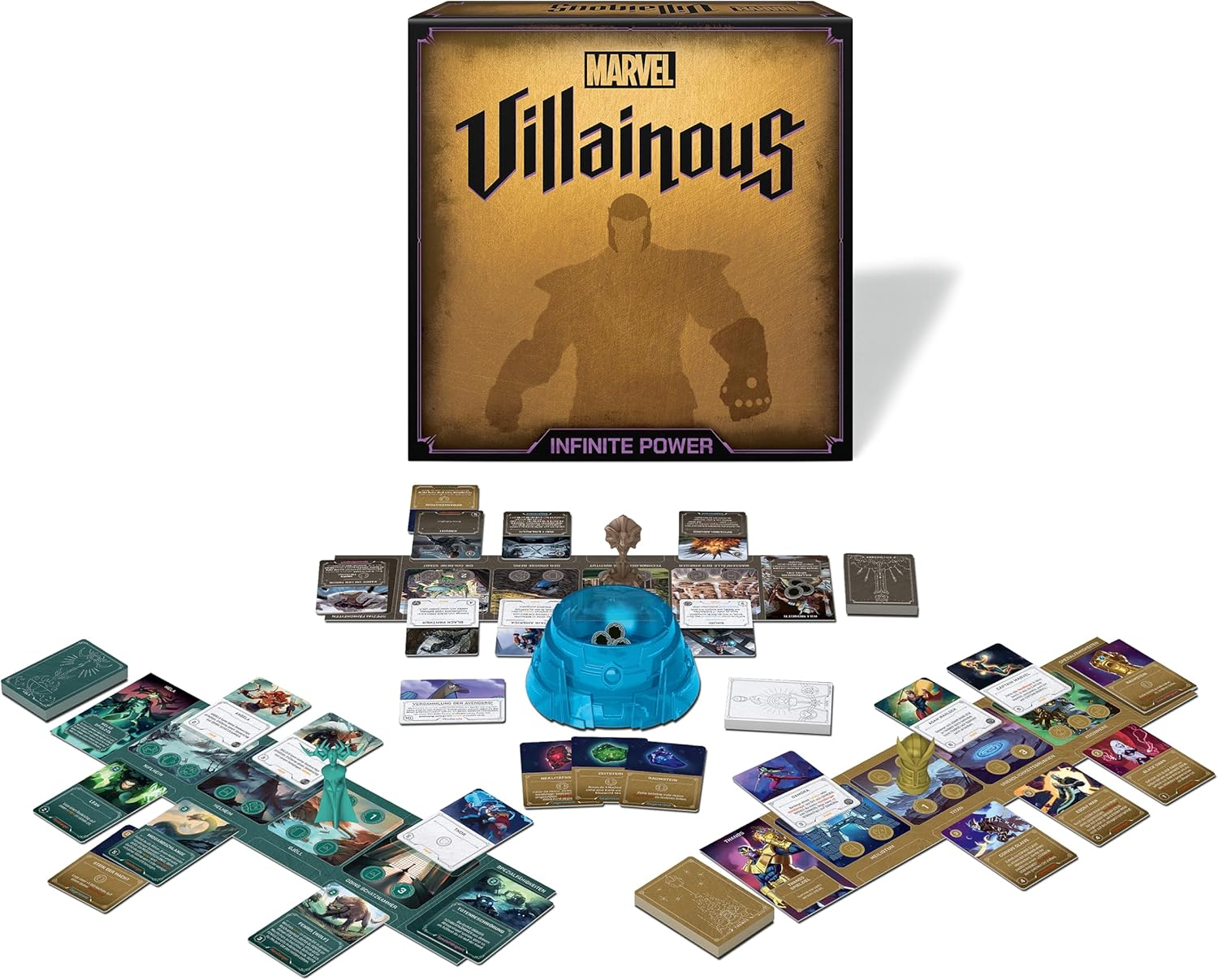 Eine Marvel Villainous Brettspielbox mit Karten und Spielsteinen. Die Box hat eine goldene Silhouette.
