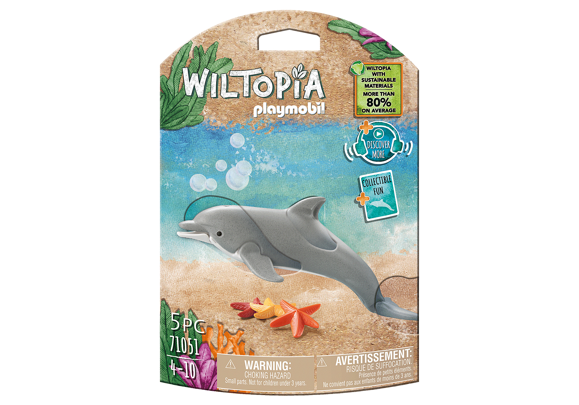 Eine Playmobil-Spielzeugverpackung mit einem Delfin und anderen aquatischen Elementen. Die Verpackung ist weiß.