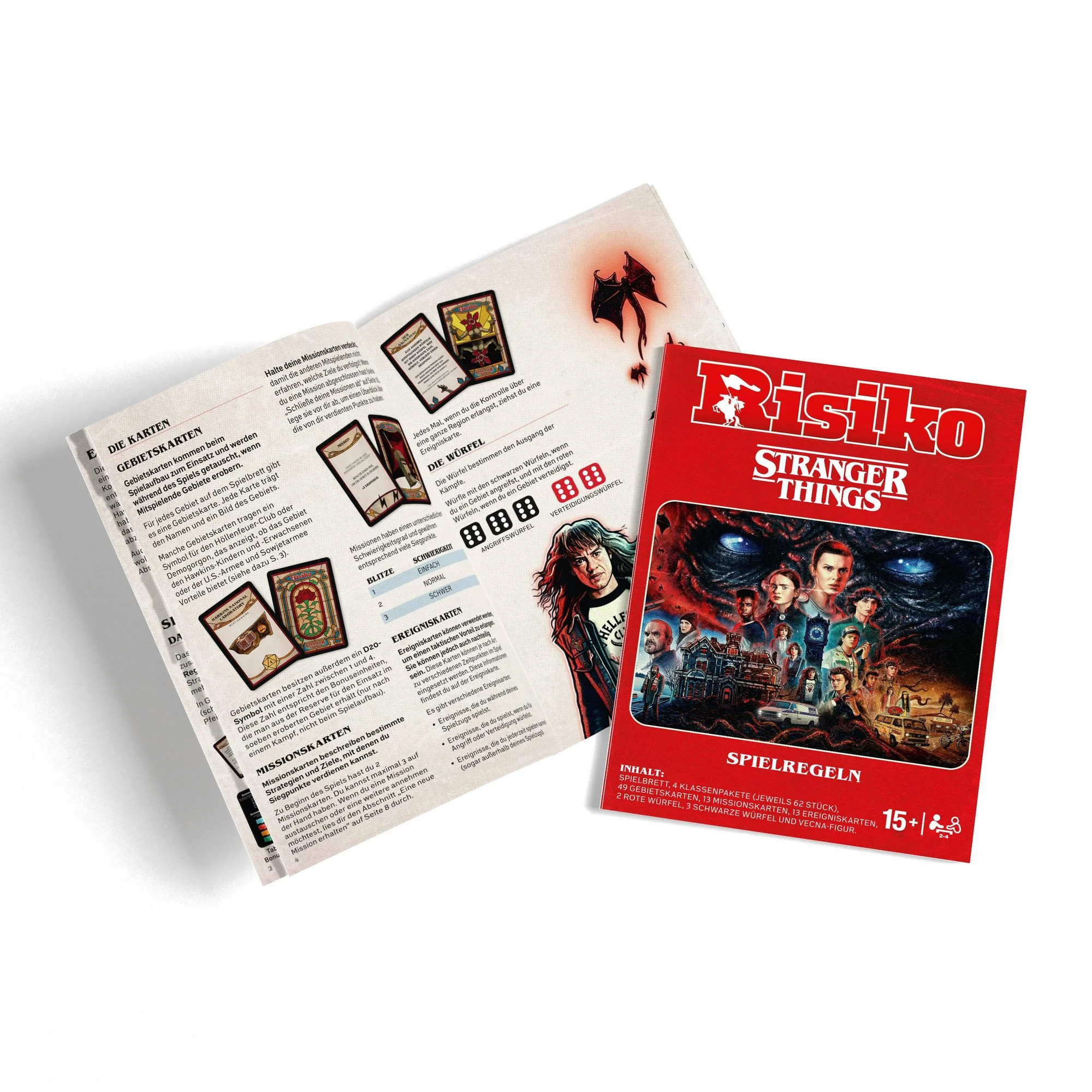 Offenes Risk: Stranger Things Brettspiel mit Karten und Spielsteinen.