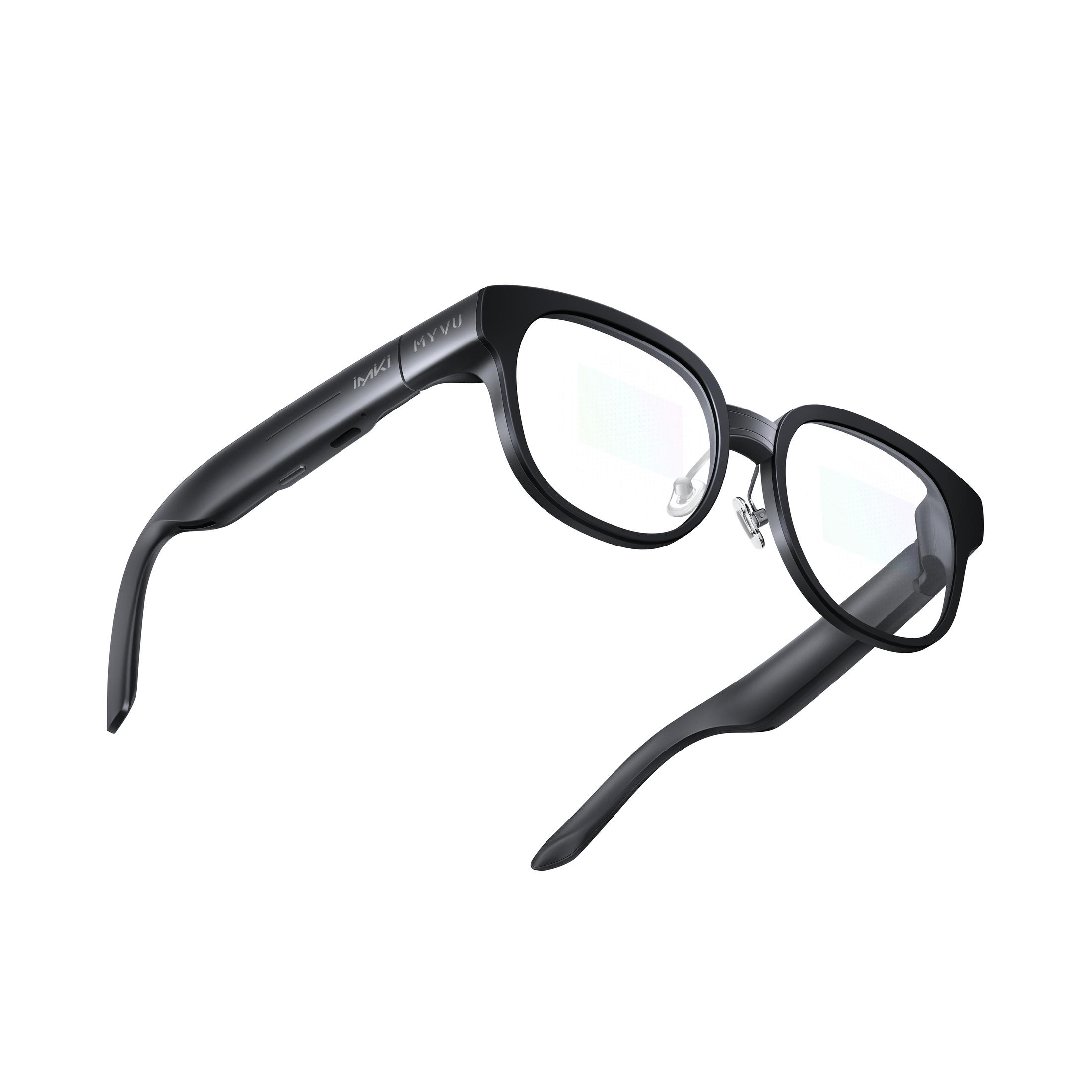 Schwarze Smartglasses mit klaren Gläsern auf weißem Hintergrund.