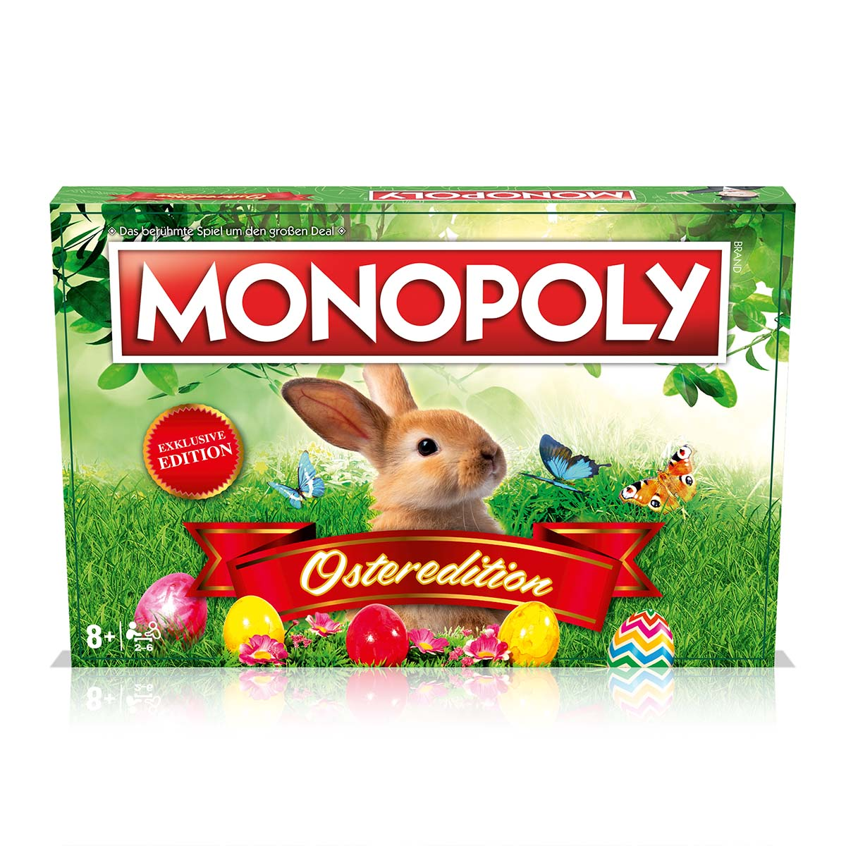 Monopoly-Oster-Edition-Box mit Hase, Eiern und Schmetterlingen.