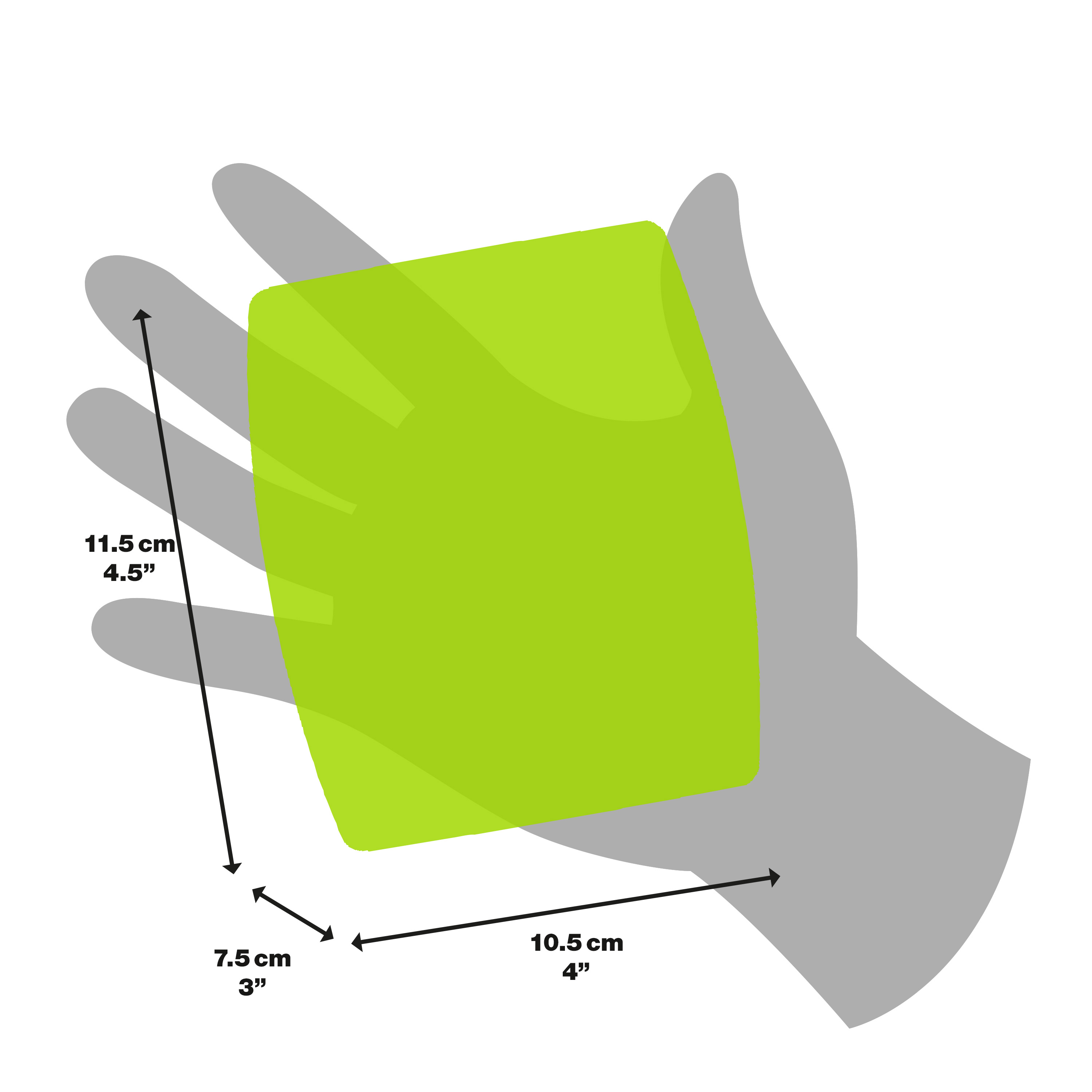 Hand hält Diagramm, grünes Rechteck, Abmessungen in cm/Zoll.