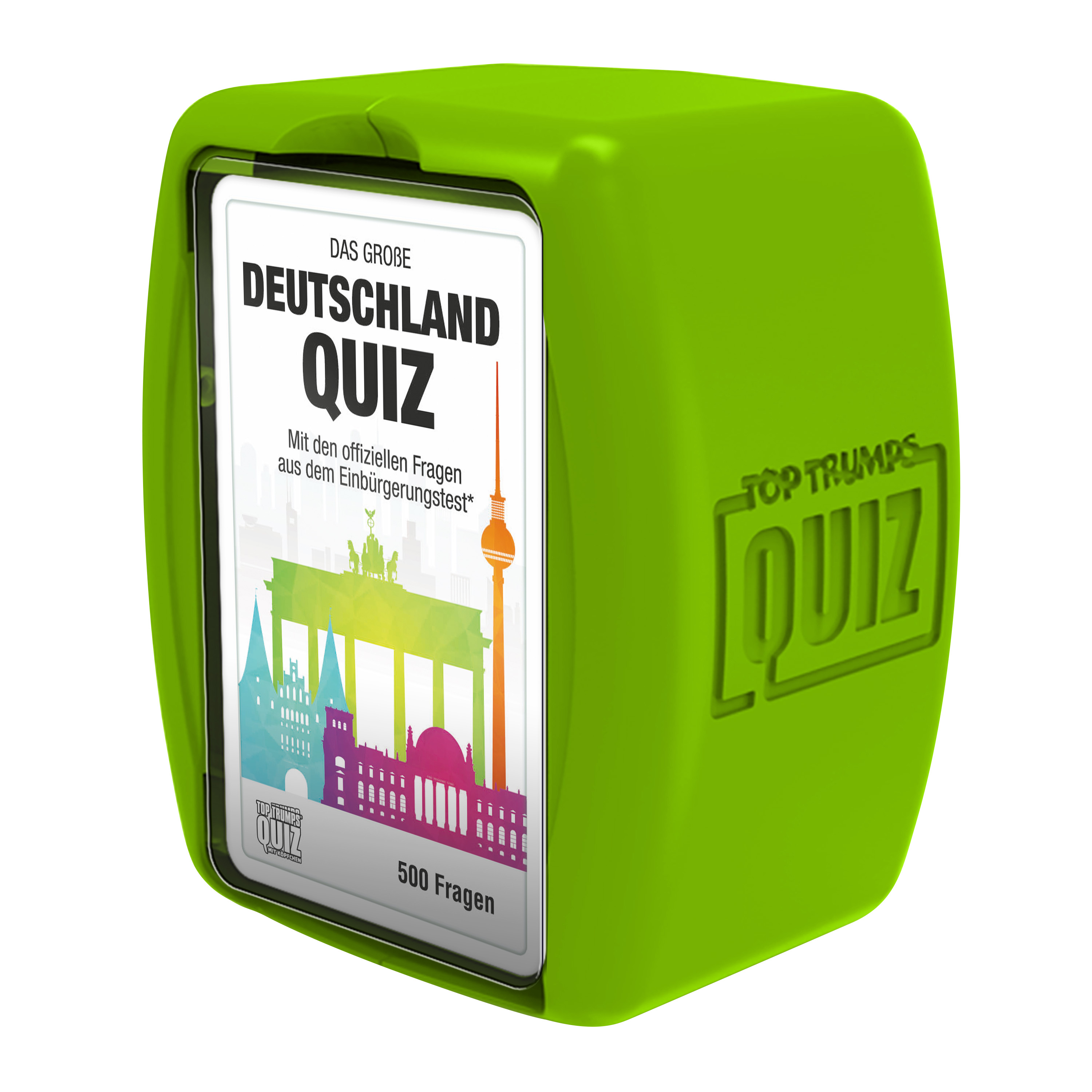 Eine grüne Top Trumps Deutschland Quiz Box mit sichtbaren Karten. Weißer Hintergrund.