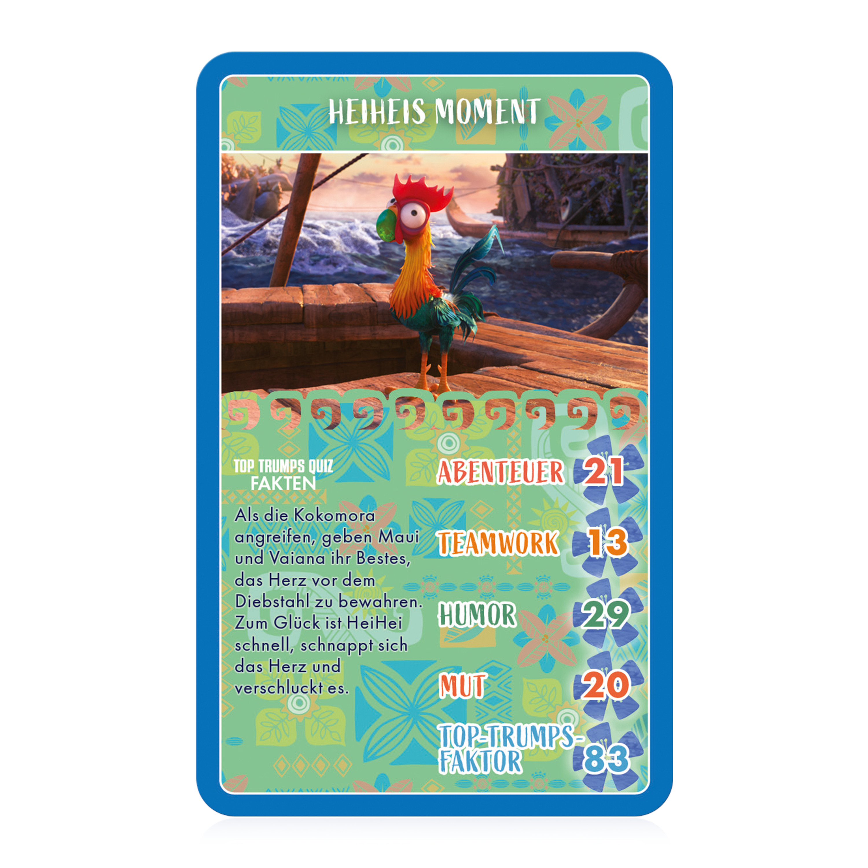 Ein Moana-Kartenspiel mit Hei Hei, dem Hahn, darauf. Text und Zahlen sind auf der Karte.