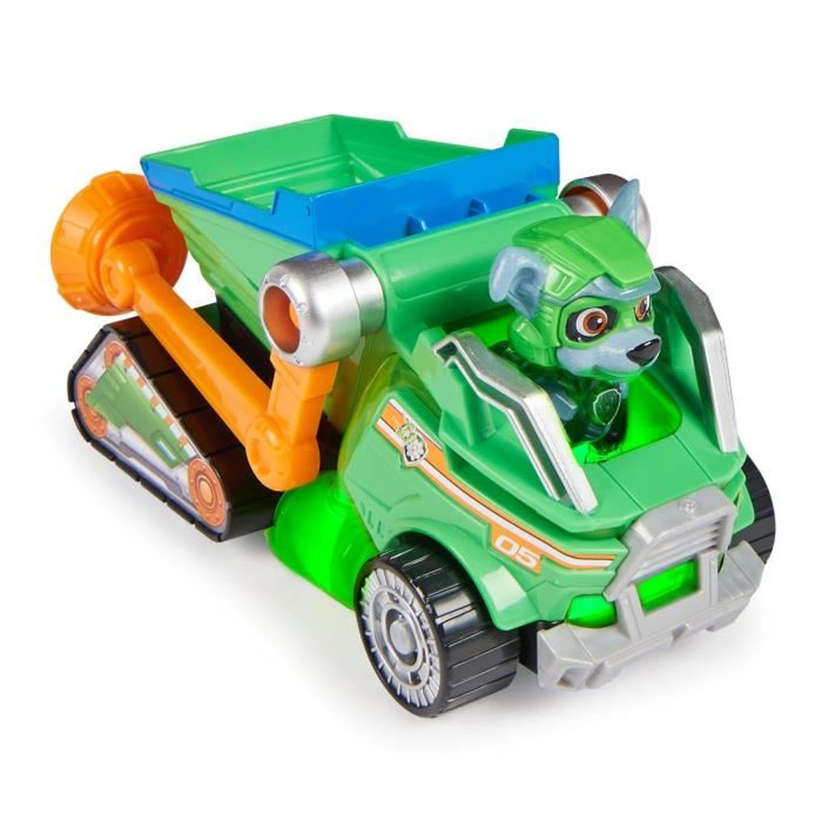 Grüner Spielzeug-LKW mit einer Hundefigur, die fährt. Er hat orangefarbene und silberne Akzente und eine grüne Ladefläche.