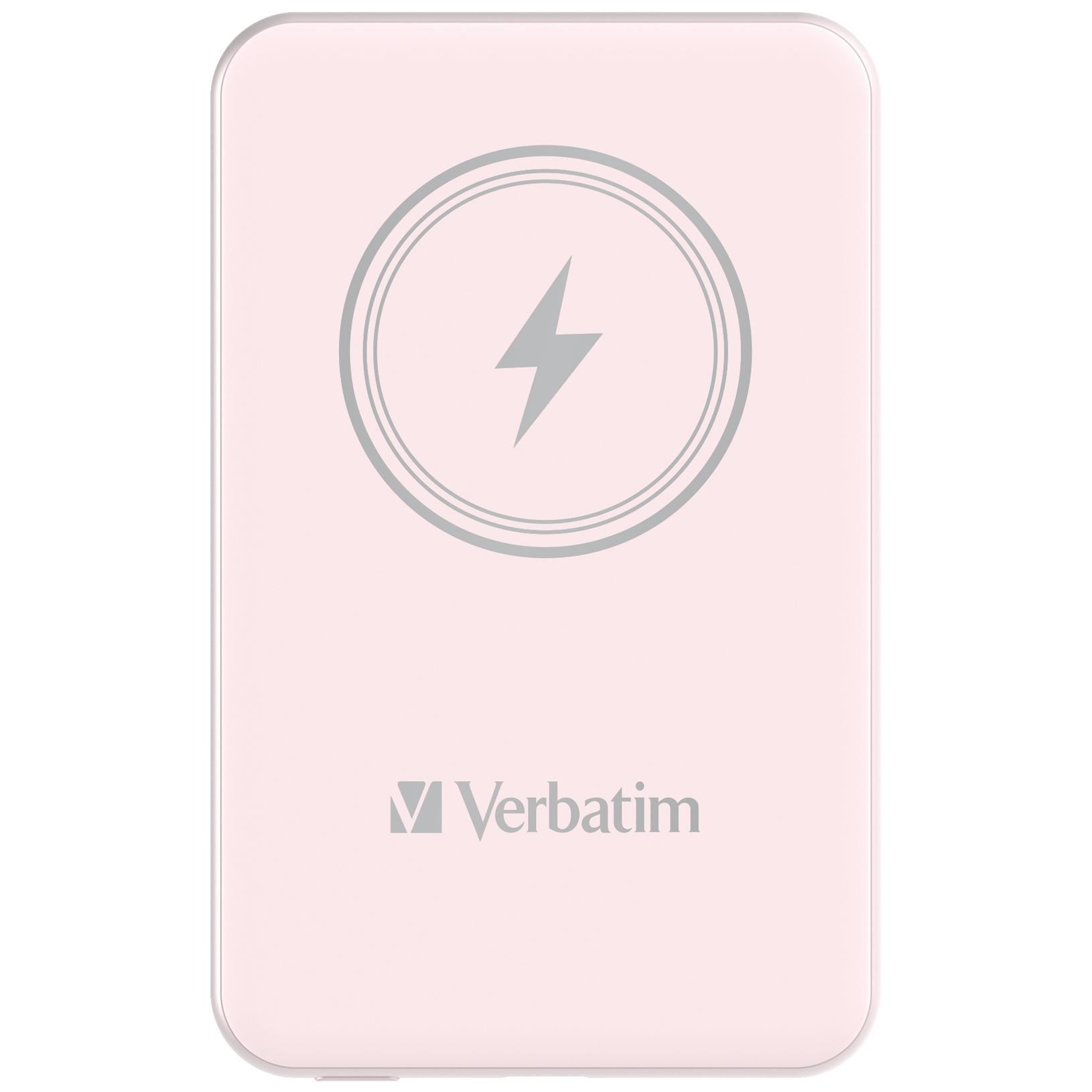 Roze Verbatim draadloze oplader met zilveren bliksemschicht en cirkeldesign op de voorkant.