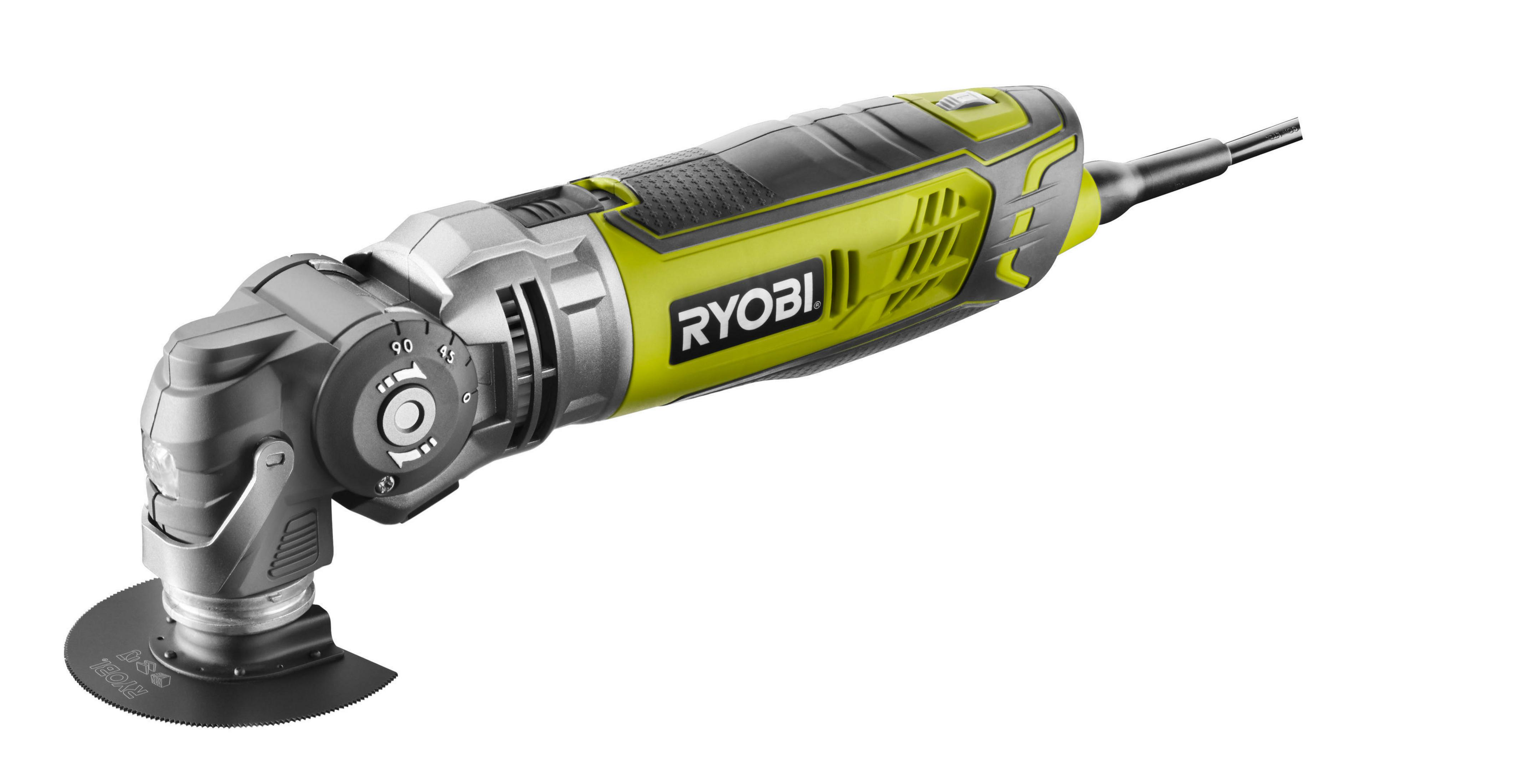 Ryobi Multi-Tool mit silbernem Kopf und gelb-schwarzem Gehäuse. Das Werkzeug befindet sich auf weißem Hintergrund.