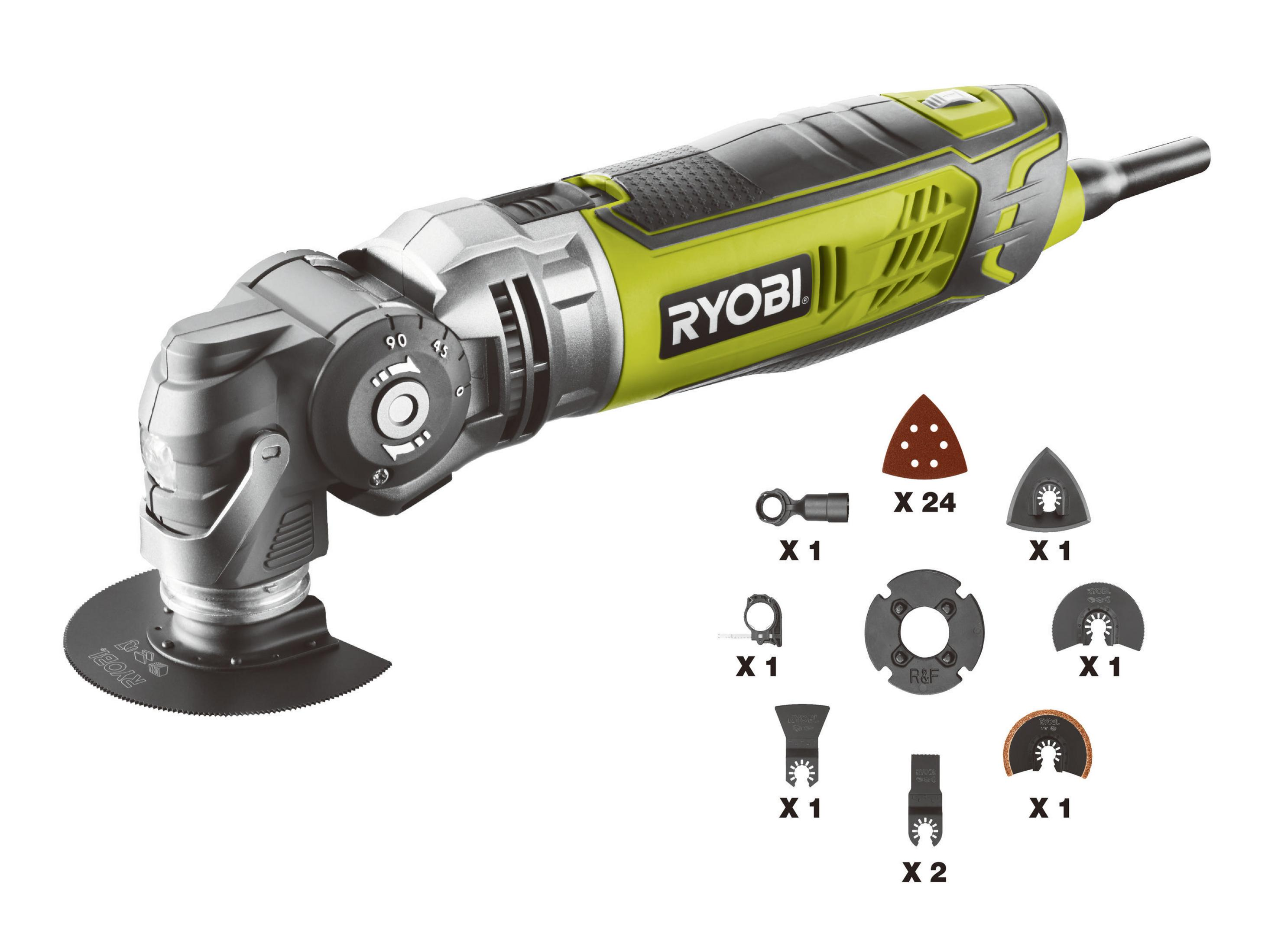 Ryobi Multi-Tool mit mehreren Klingen und Zubehör, das seitlich angeordnet ist.