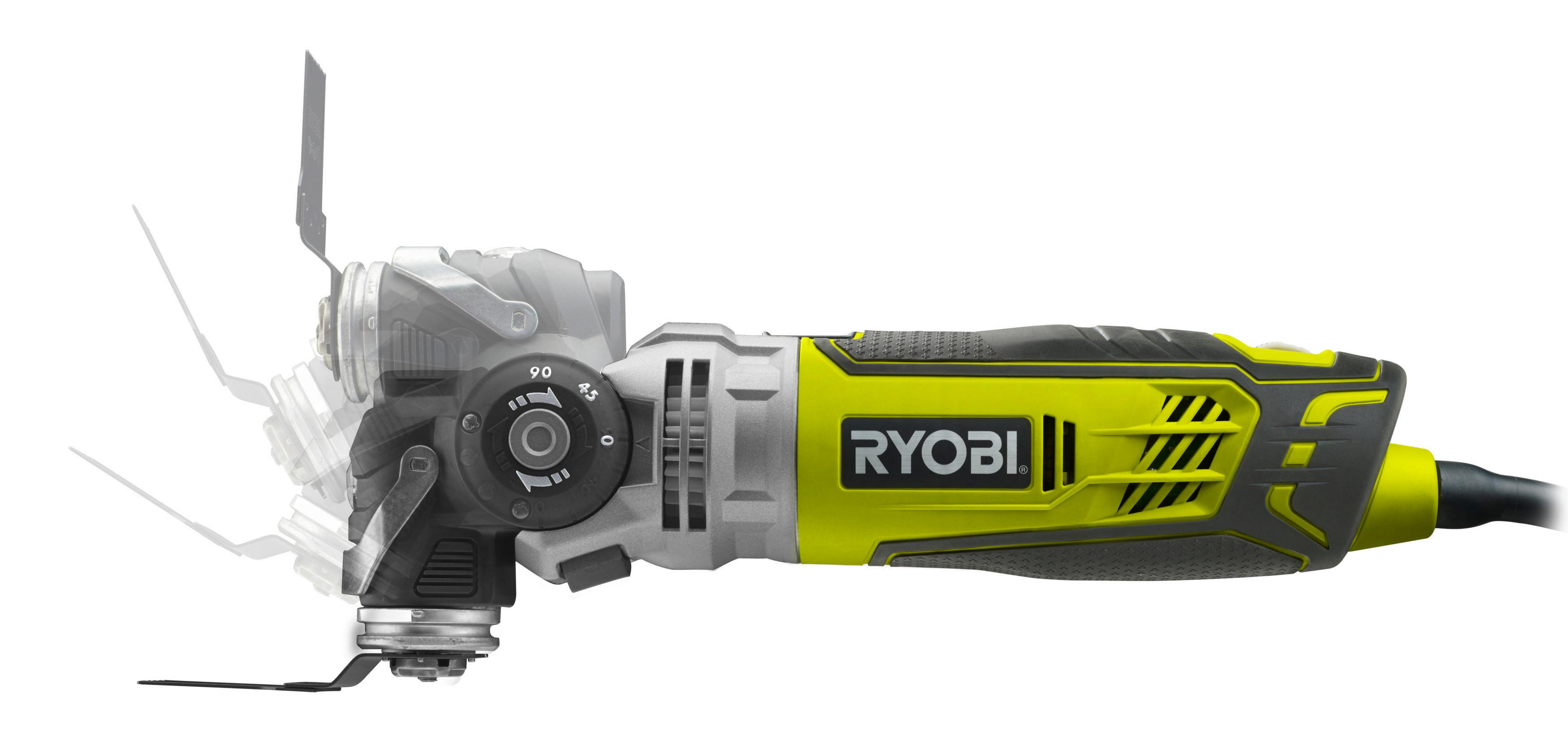 Ryobi Multi-Tool, das die Seite und verschiedene Klingenpositionen zeigt. Das Werkzeug ist gelb und schwarz.