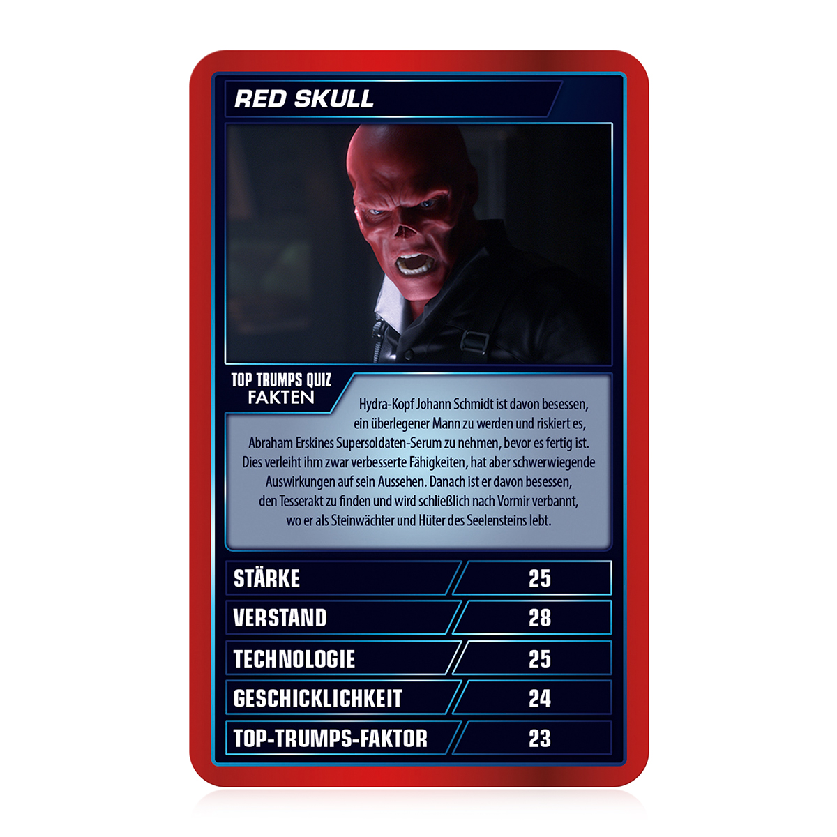 Top Trumps Karte mit Red Skull. Hat Text und Zahlen, die sich auf seine Stärke beziehen.