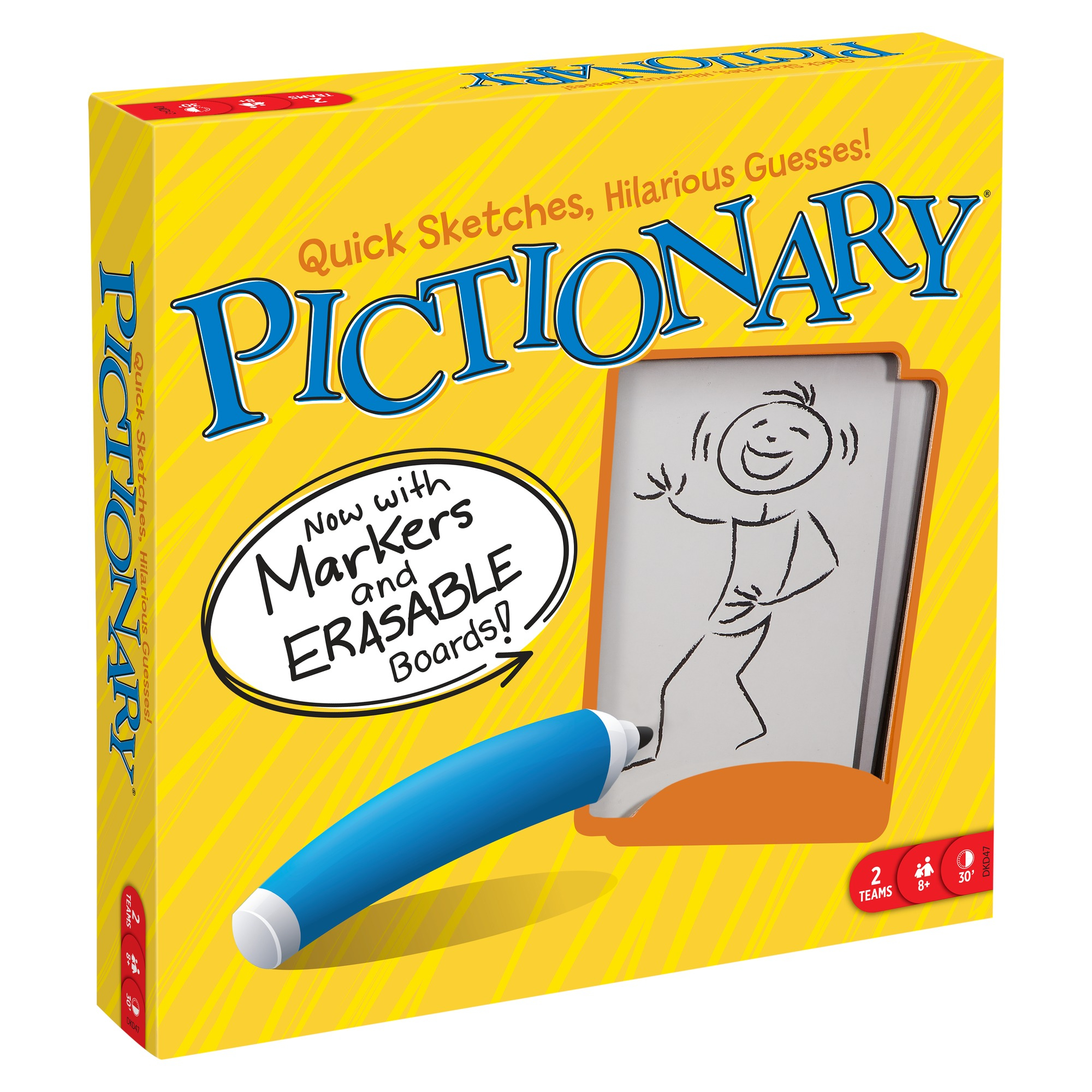 Pictionary-Spielbox. Die Box ist gelb mit dem Spielnamen in Blau, plus einer Zeichnung und einem Marker.