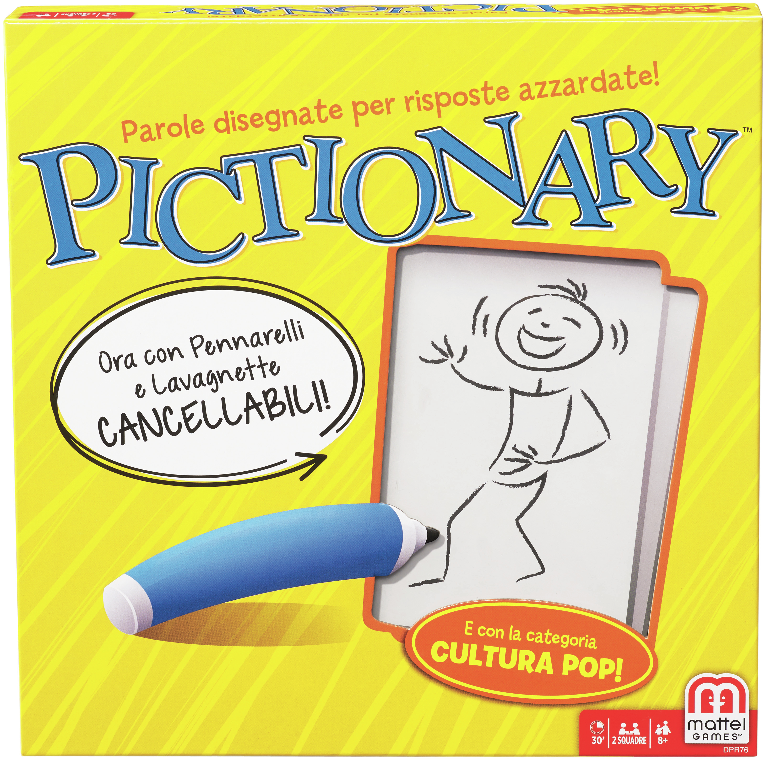Pictionary-Spielkasten. Es hat einen blauen Marker und eine Zeichnung einer Strichmännchenzeichnung.