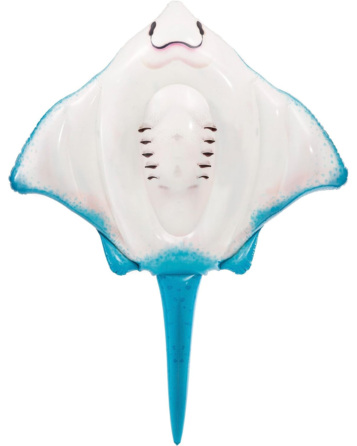 Duża nadmuchiwana manta w odcieniach niebieskiego i białego, z uśmiechniętą twarzą.