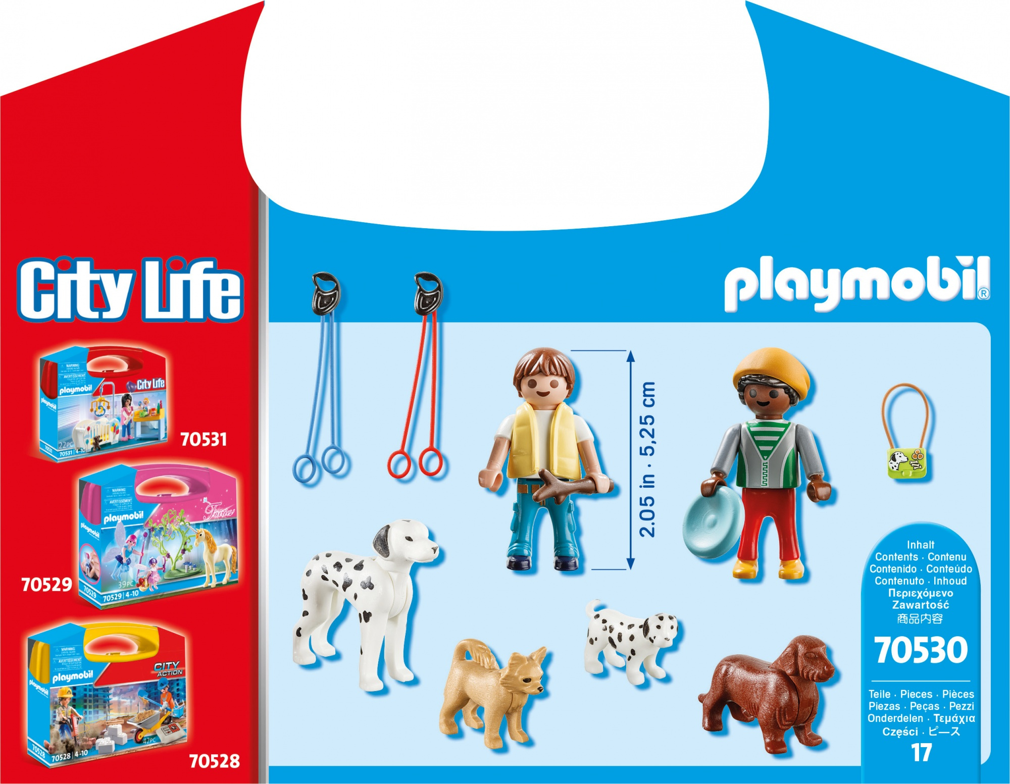 Zestaw Playmobil z figurkami i akcesoriami. Tekst: City Life. Zawiera figurki, psy i akcesoria.