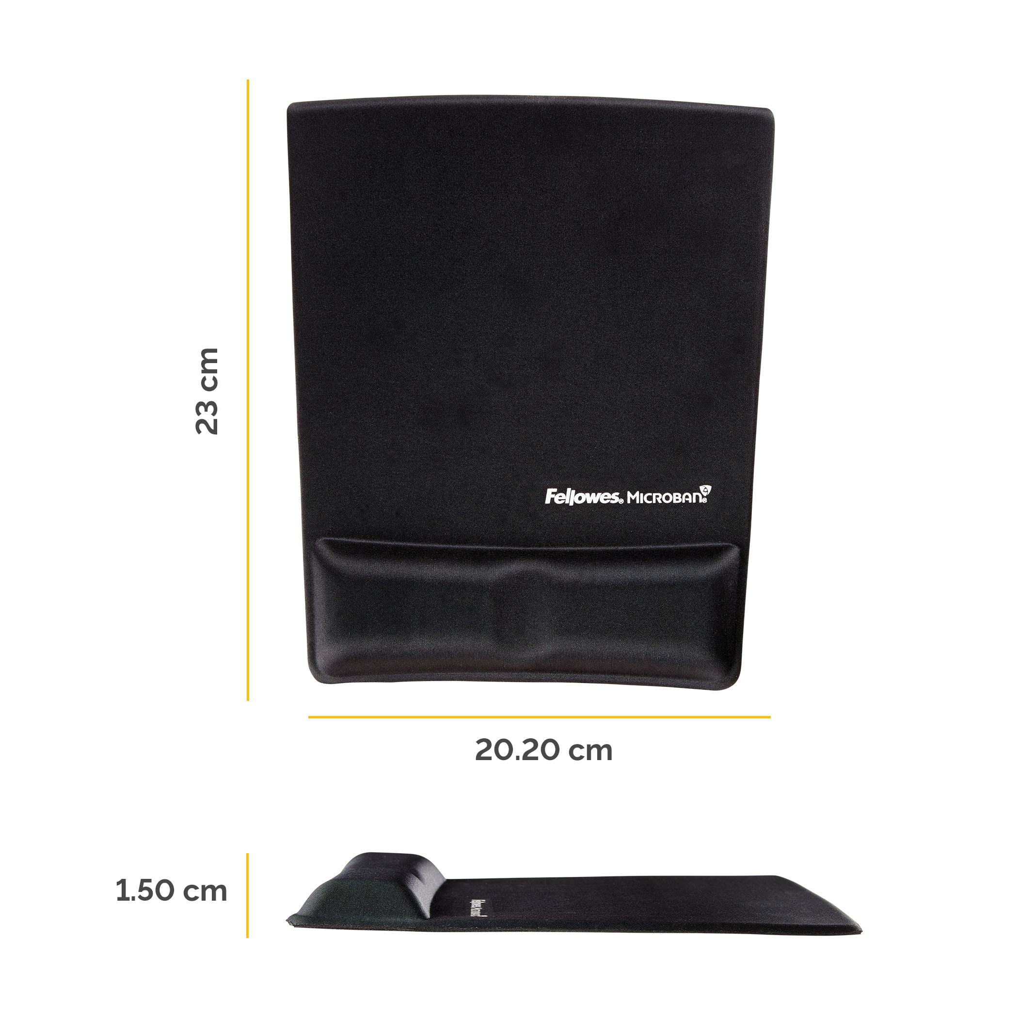 Tappetino per mouse con poggiapolsi nero con dimensioni. Testo: Fellowes, Microban.