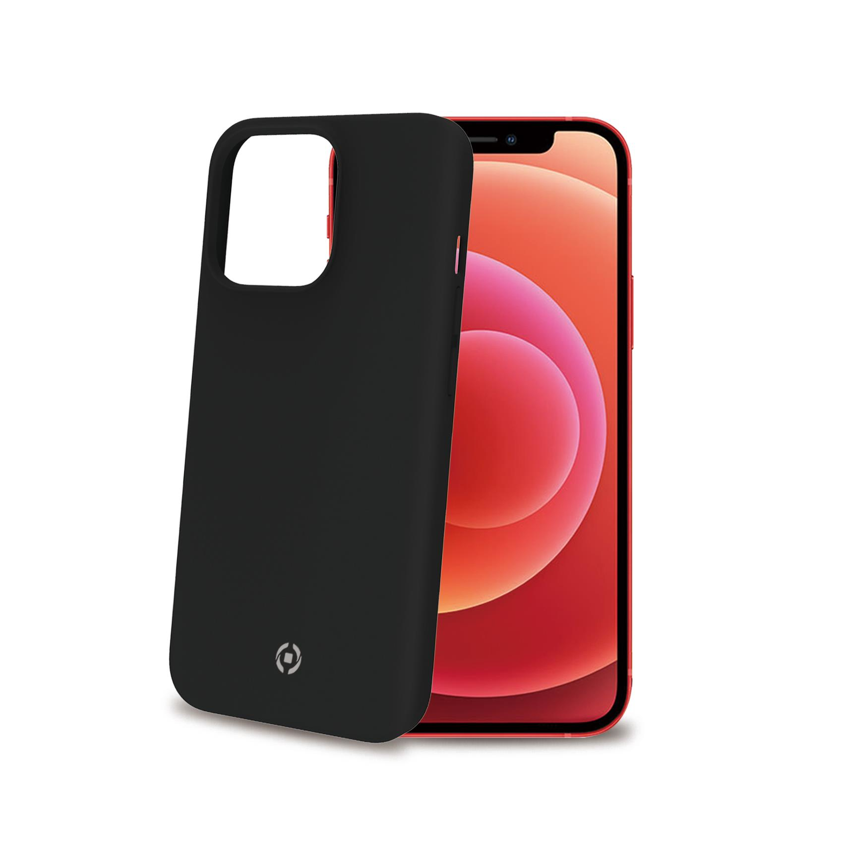 Custodia nera per telefono accanto a un iPhone rosso. La custodia a sinistra, il telefono a destra.
