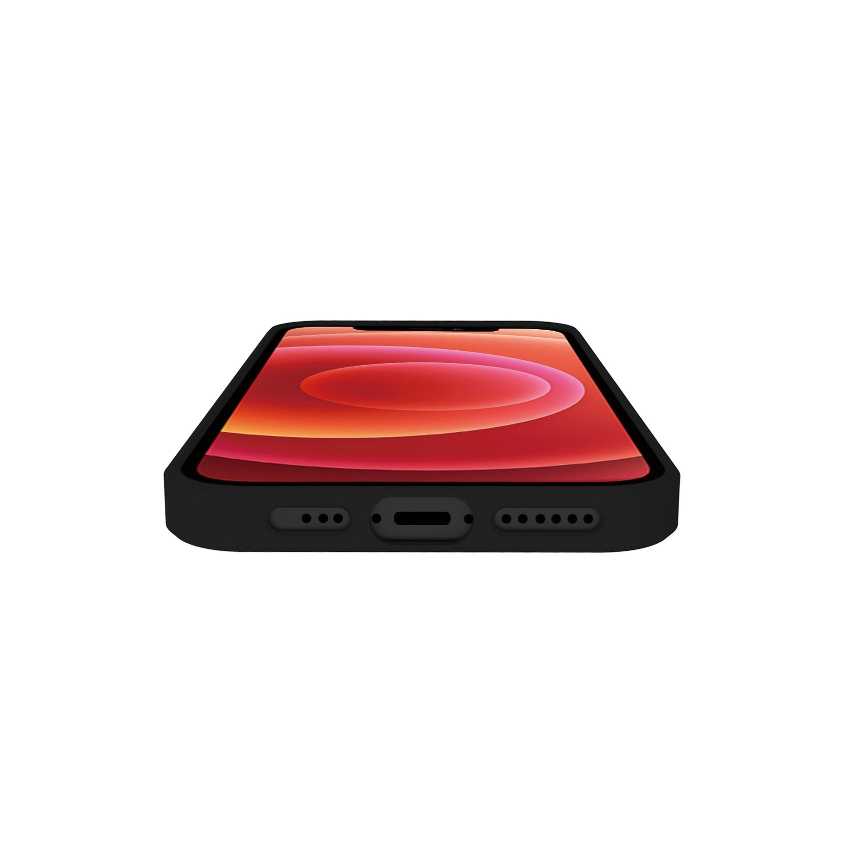 Custodia nera per telefono con iPhone rosso visibile su sfondo bianco. La parte inferiore è visibile.