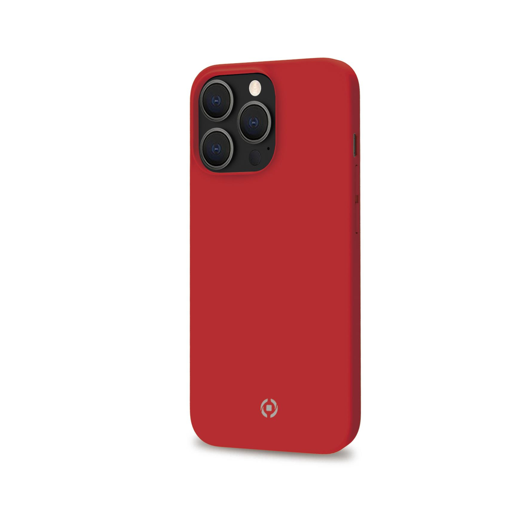 Una custodia rossa per iPhone con tre obiettivi e il logo Cellairis su una superficie bianca.