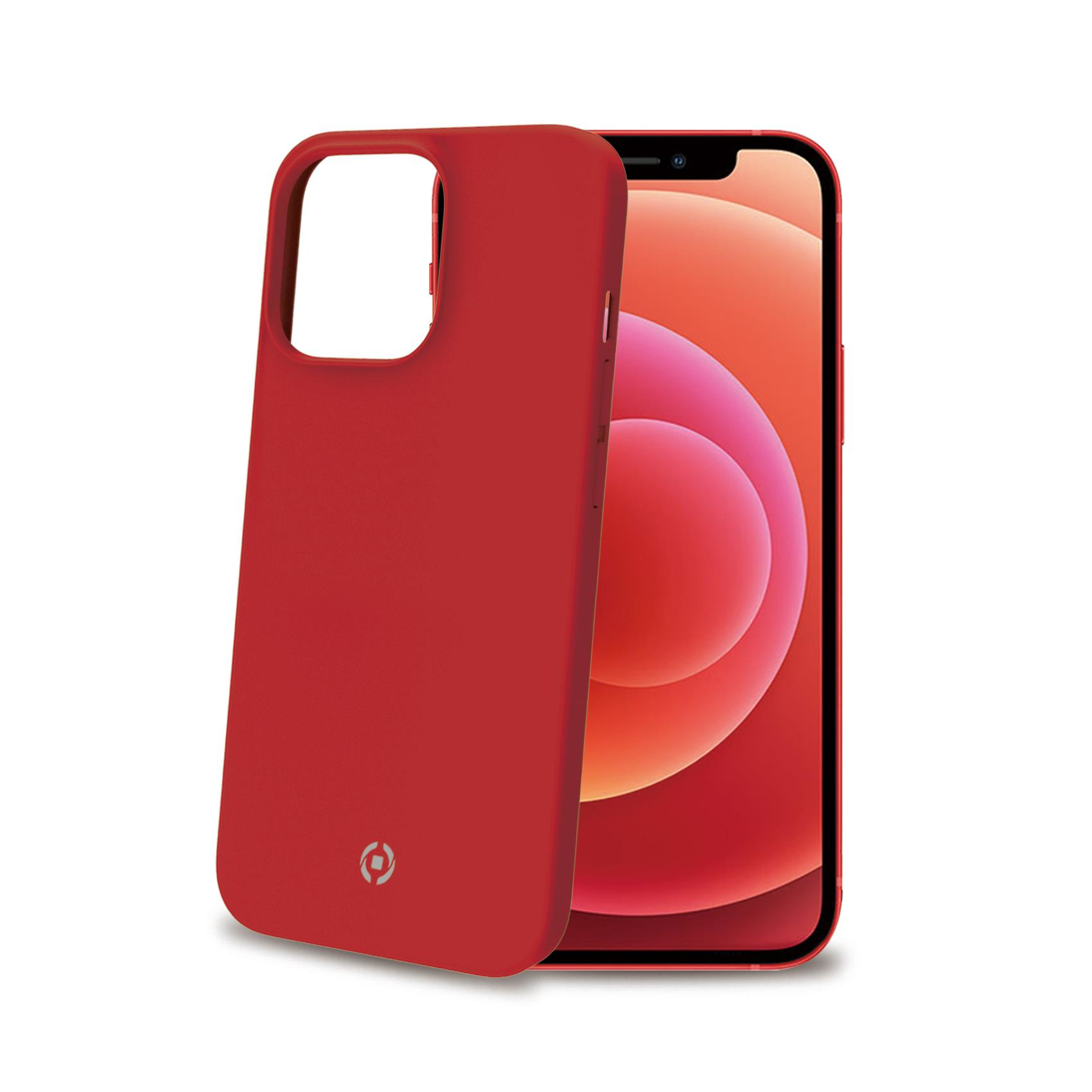 Una custodia rossa per iPhone, angolata, con il logo Apple visibile, su sfondo bianco.
