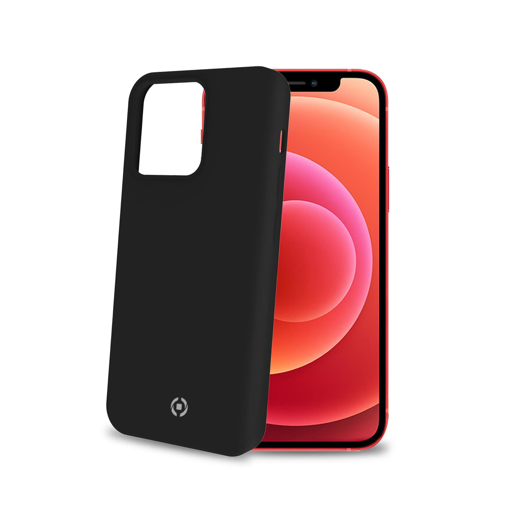 Una custodia nera per telefono con un telefono rosso all'interno.