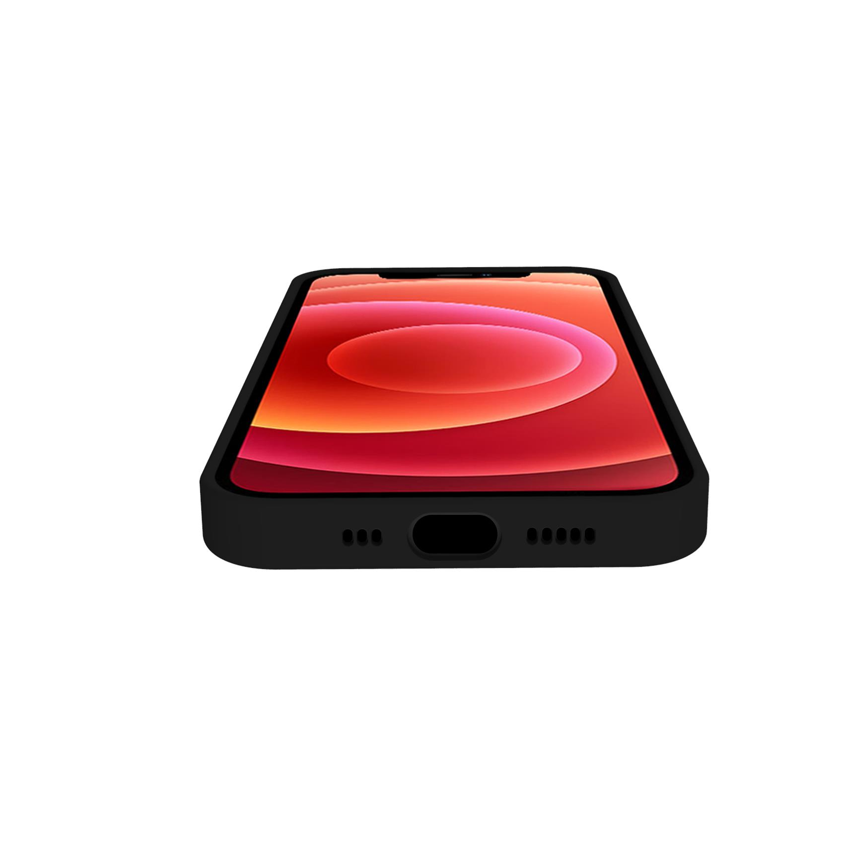 Un iPhone in una custodia nera, schermo rivolto verso l'alto, che mostra una sfumatura rossa e arancione.