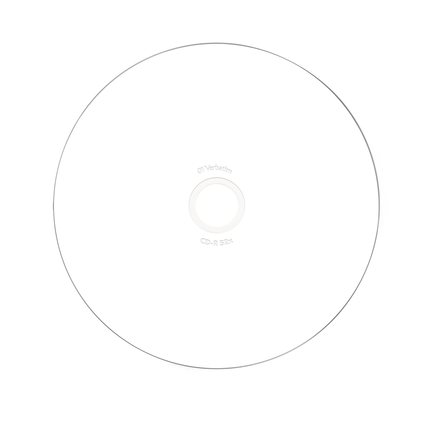Dysk CD-R na białym tle, z etykietą Verbatim i białym środkiem.