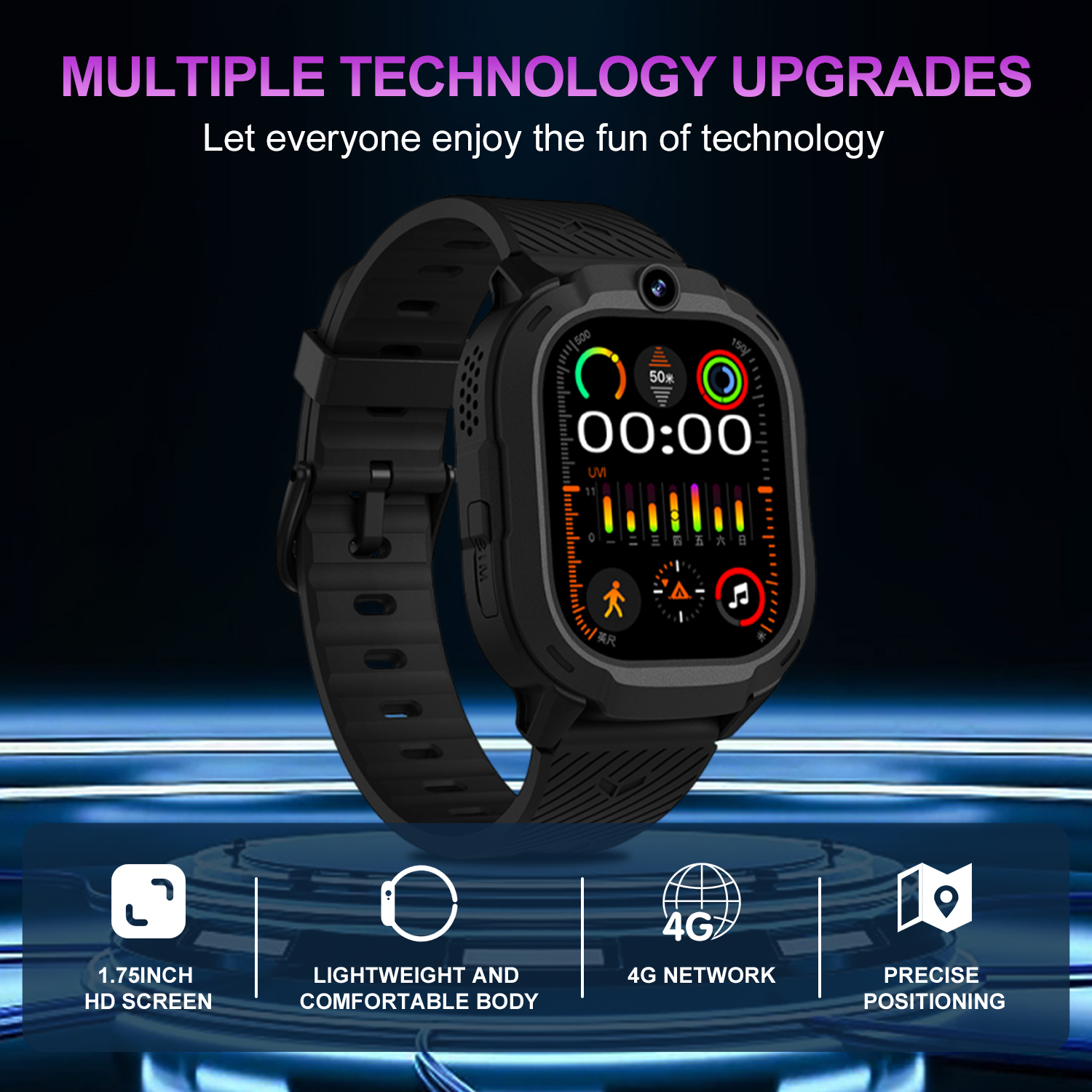 Reloj inteligente negro con pantalla e iconos. El fondo es oscuro.