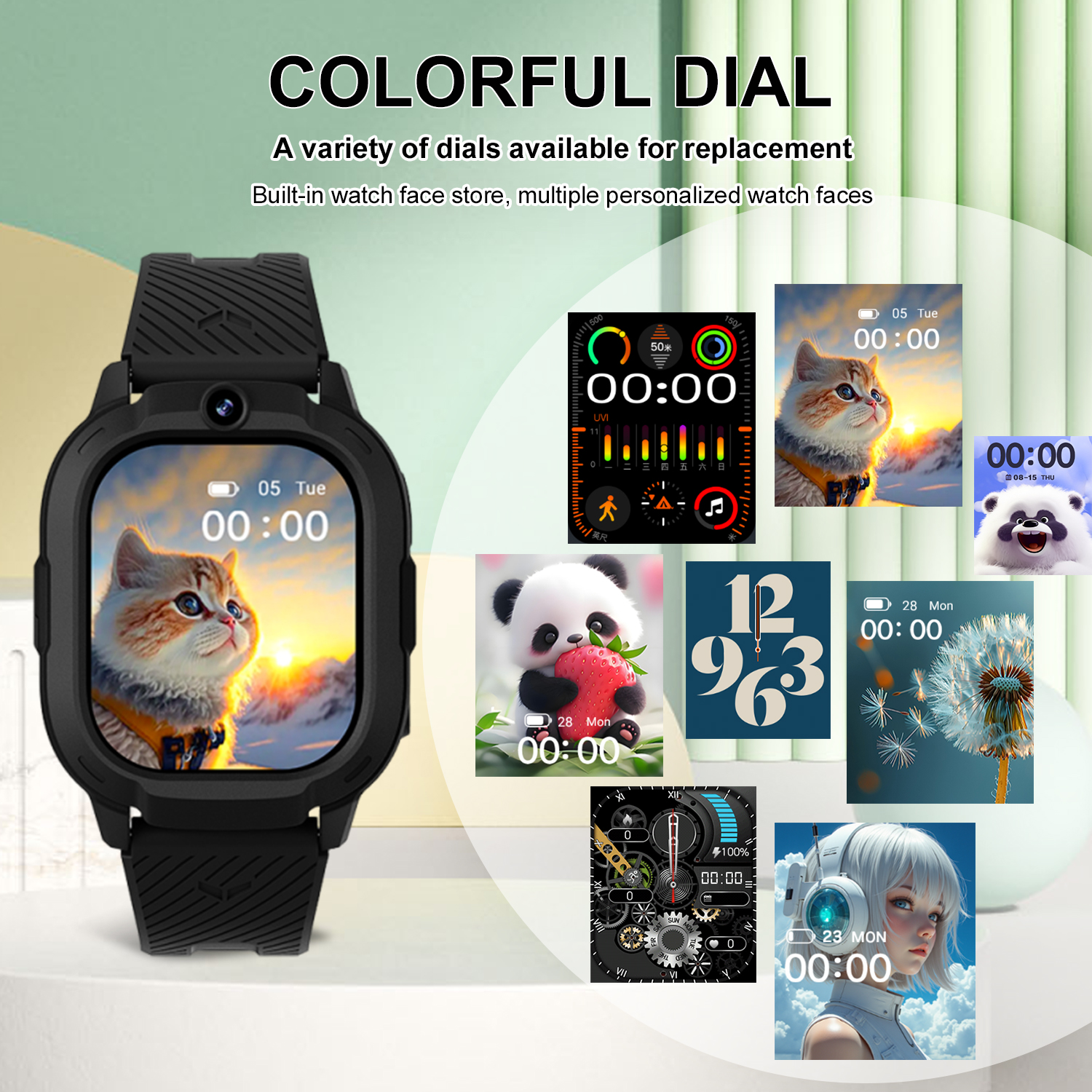 Smartwatch negra con múltiples esferas, incluyendo un gato, un panda y una chica con auriculares.